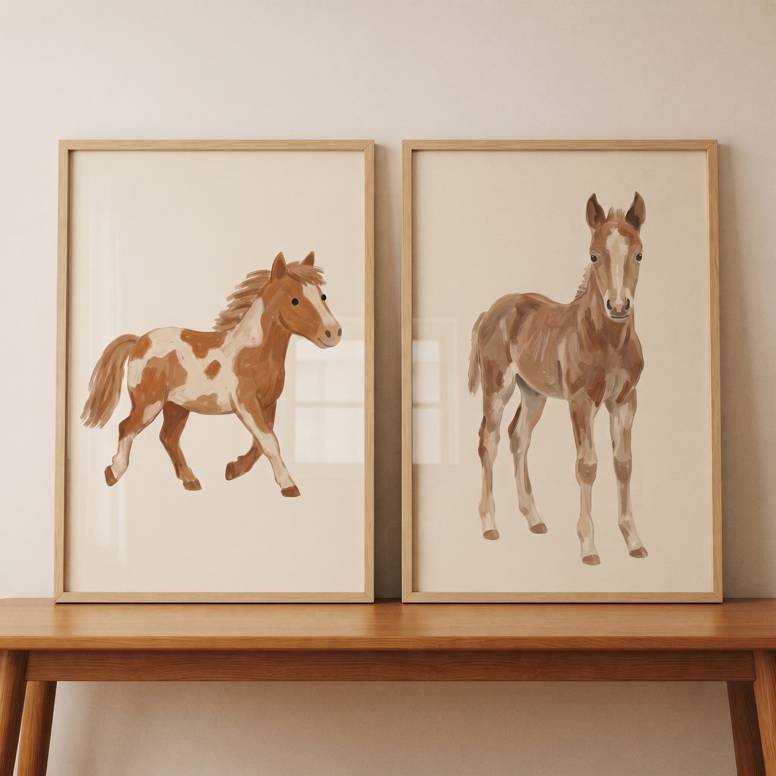 Muted brown young horse wall art set of 2 with a spotted pony and standing foal in wood frames on a console table.