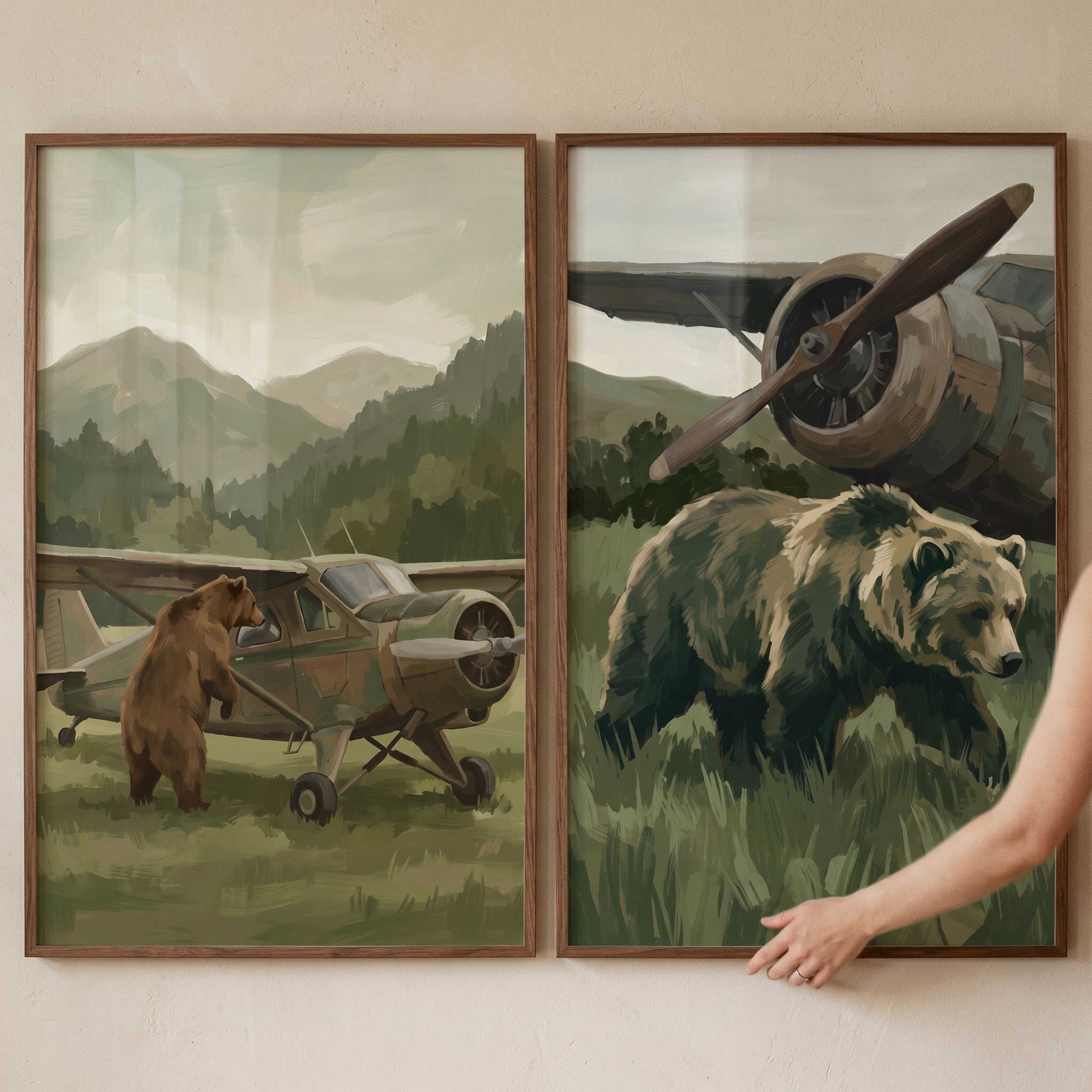 Muted Bush Plane Bear Wall Art Set of 2 - Wilderness Aviator