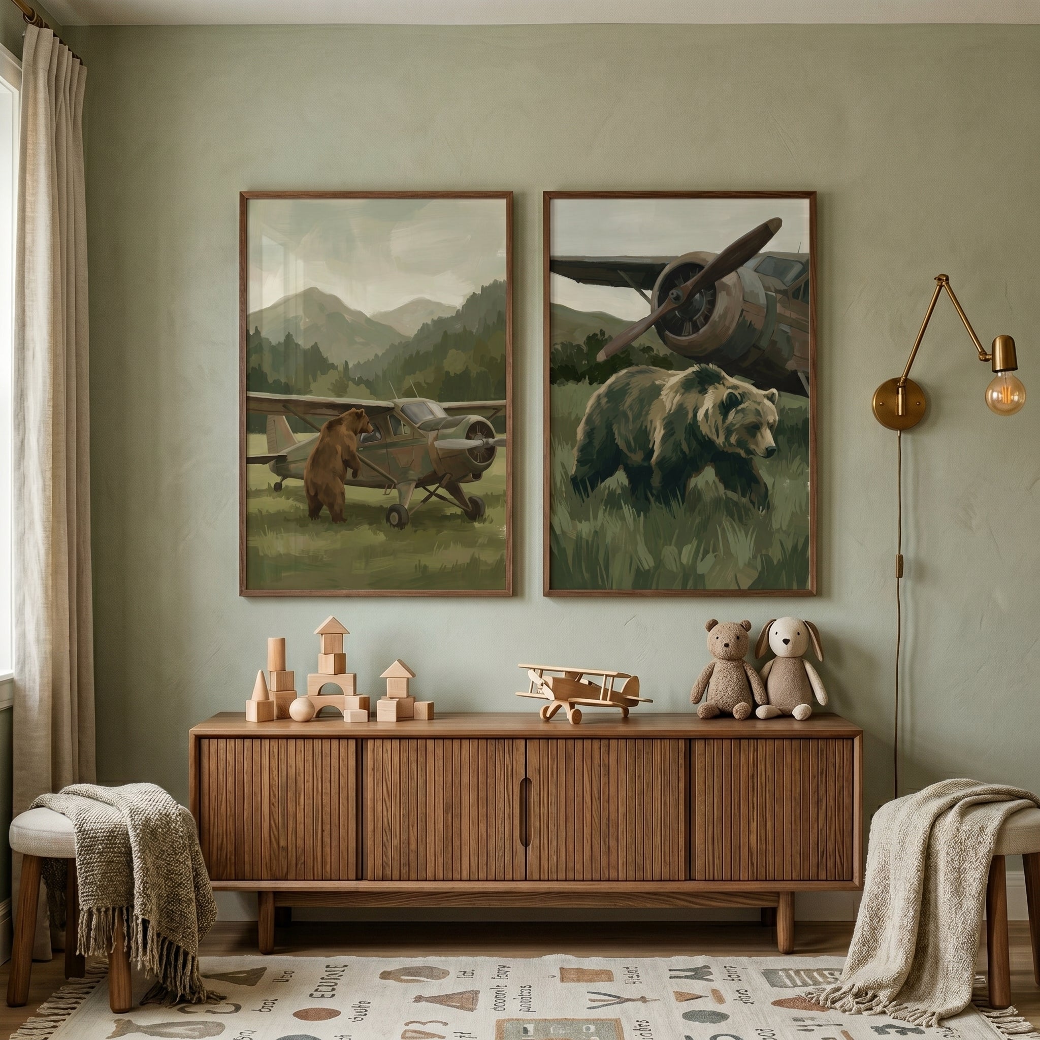 Muted Bush Plane Bear Wall Art Set of 2 - Wilderness Aviator