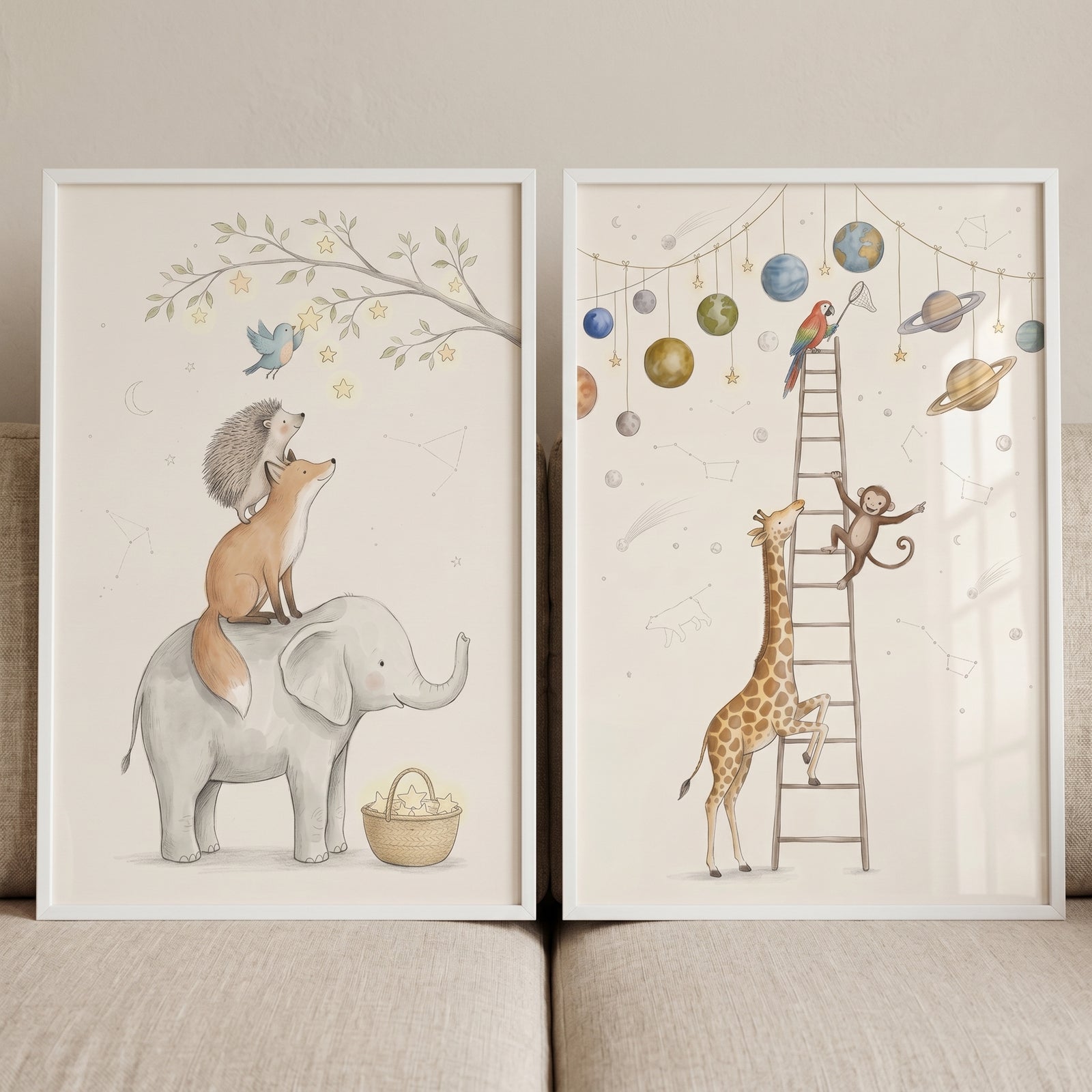 Muted celestial watercolor animals wall art set of 2 with an elephant, fox, giraffe, and monkey among stars and planets.
