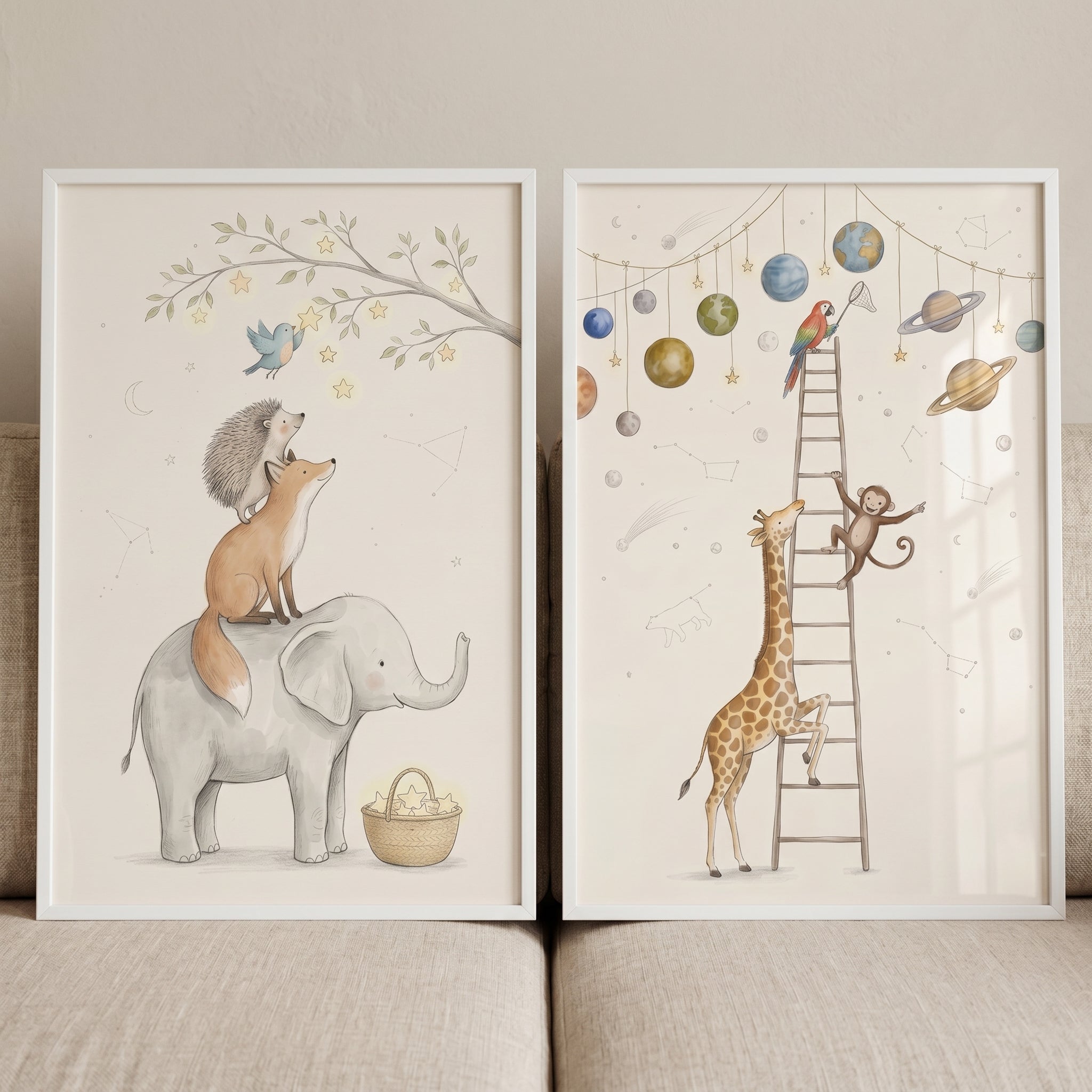 Muted Celestial Watercolor Animals Wall Art Set of 2 - Starry Safari Adventure
