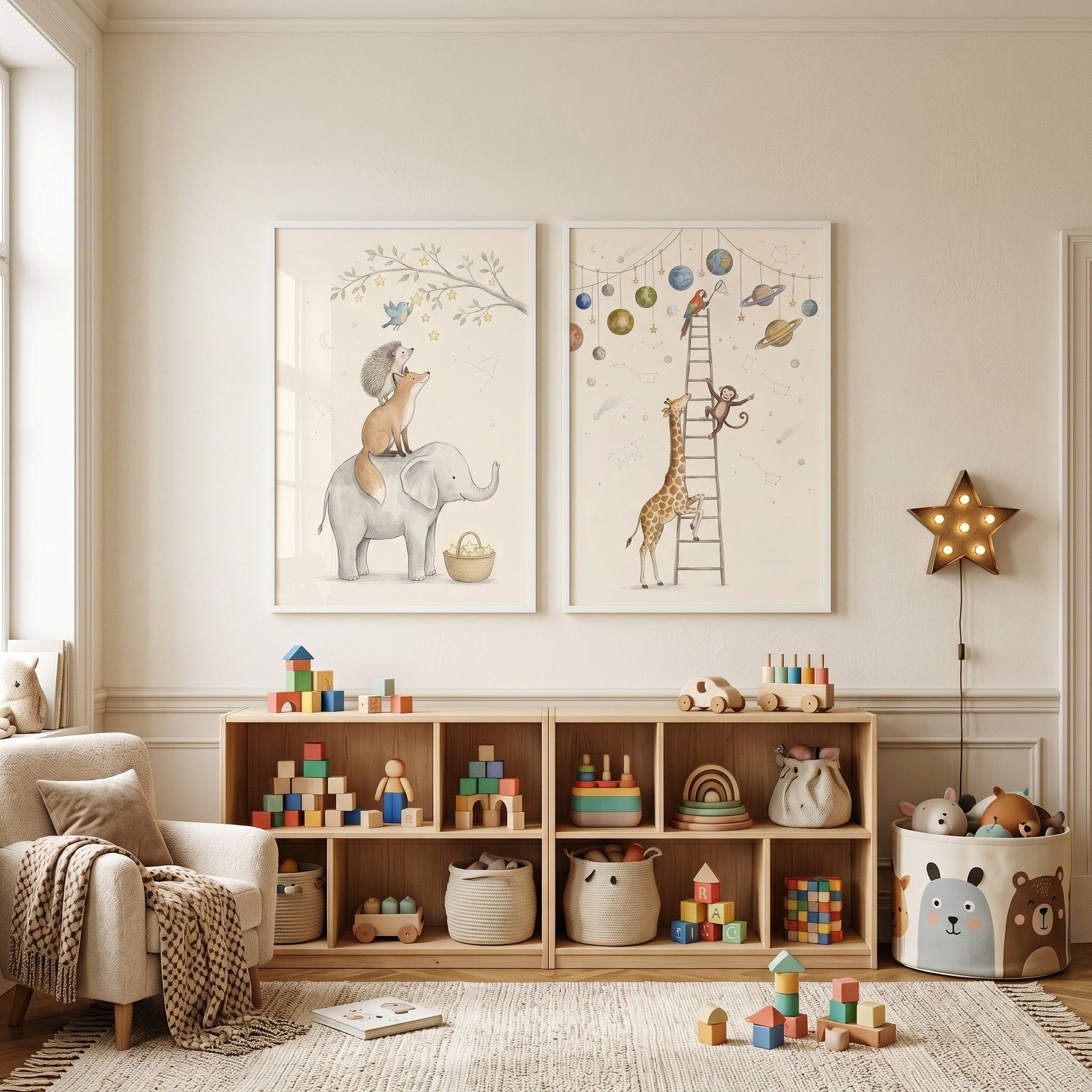 Muted Celestial Watercolor Animals Wall Art Set of 2 - Starry Safari Adventure