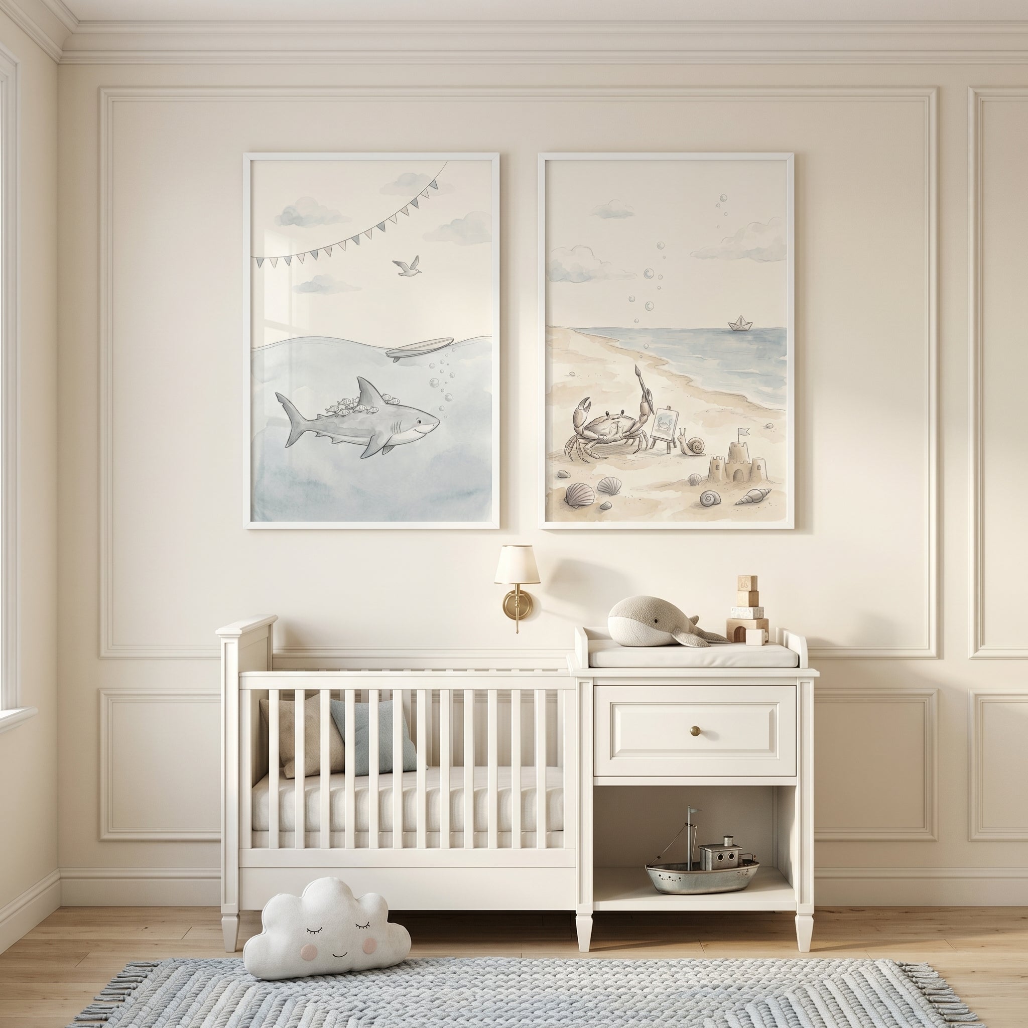 Muted Coastal Sea Animal Wall Art Set Of 2 - Whimsical Seaside Duo