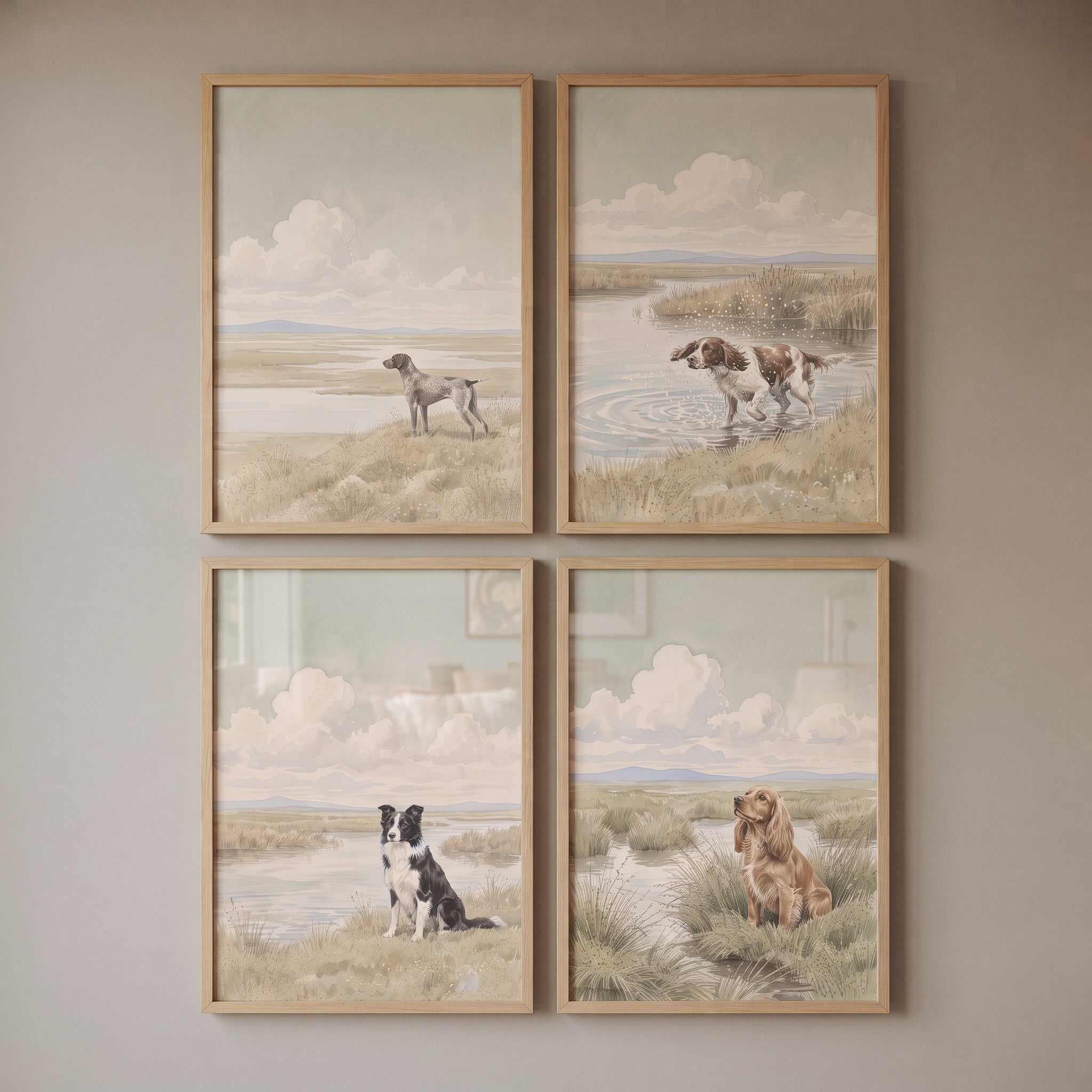Muted Color Marshland Dog Wall Art Set Of 4 - Marshland Canine Views