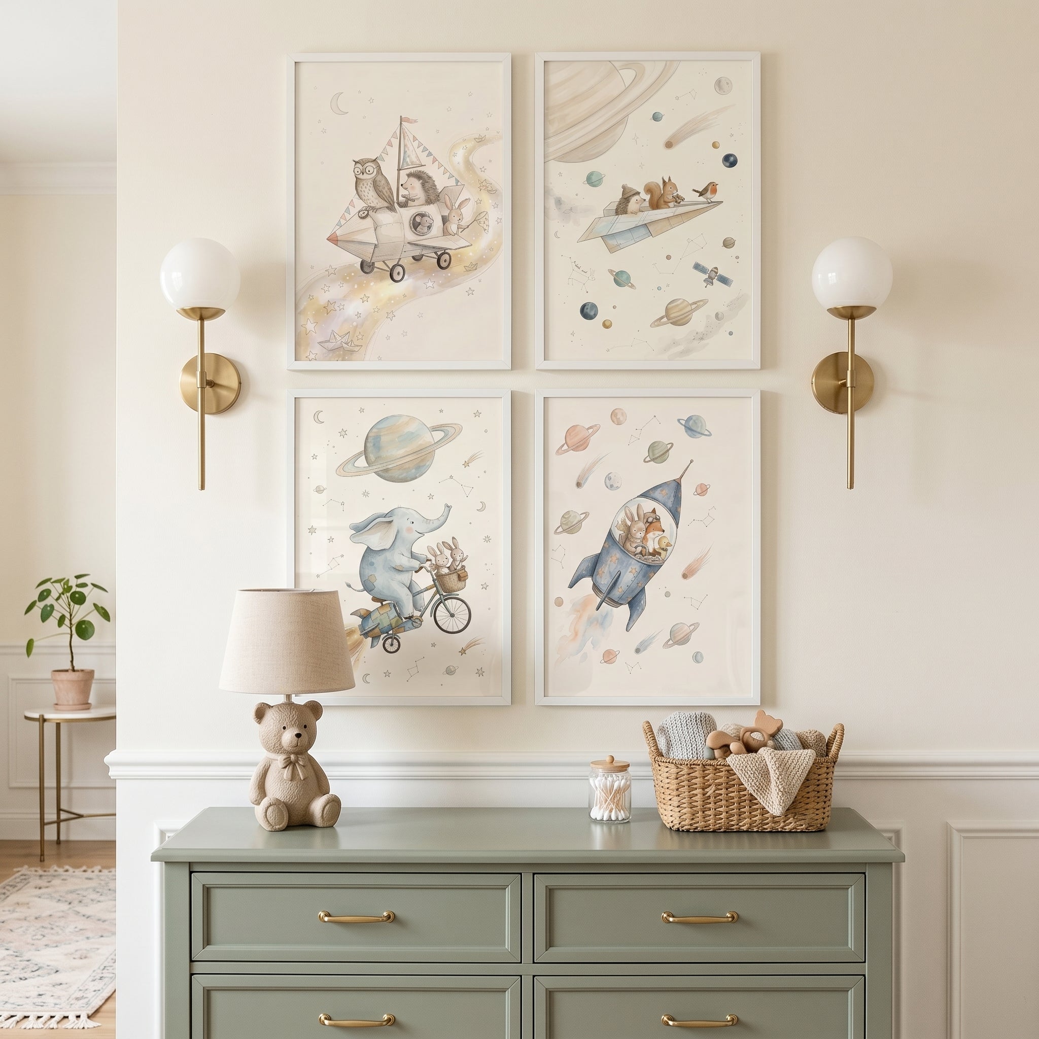 Muted Cosmic Traveler Animals Wall Art Set of 4 - Cosmic Critter Dreams