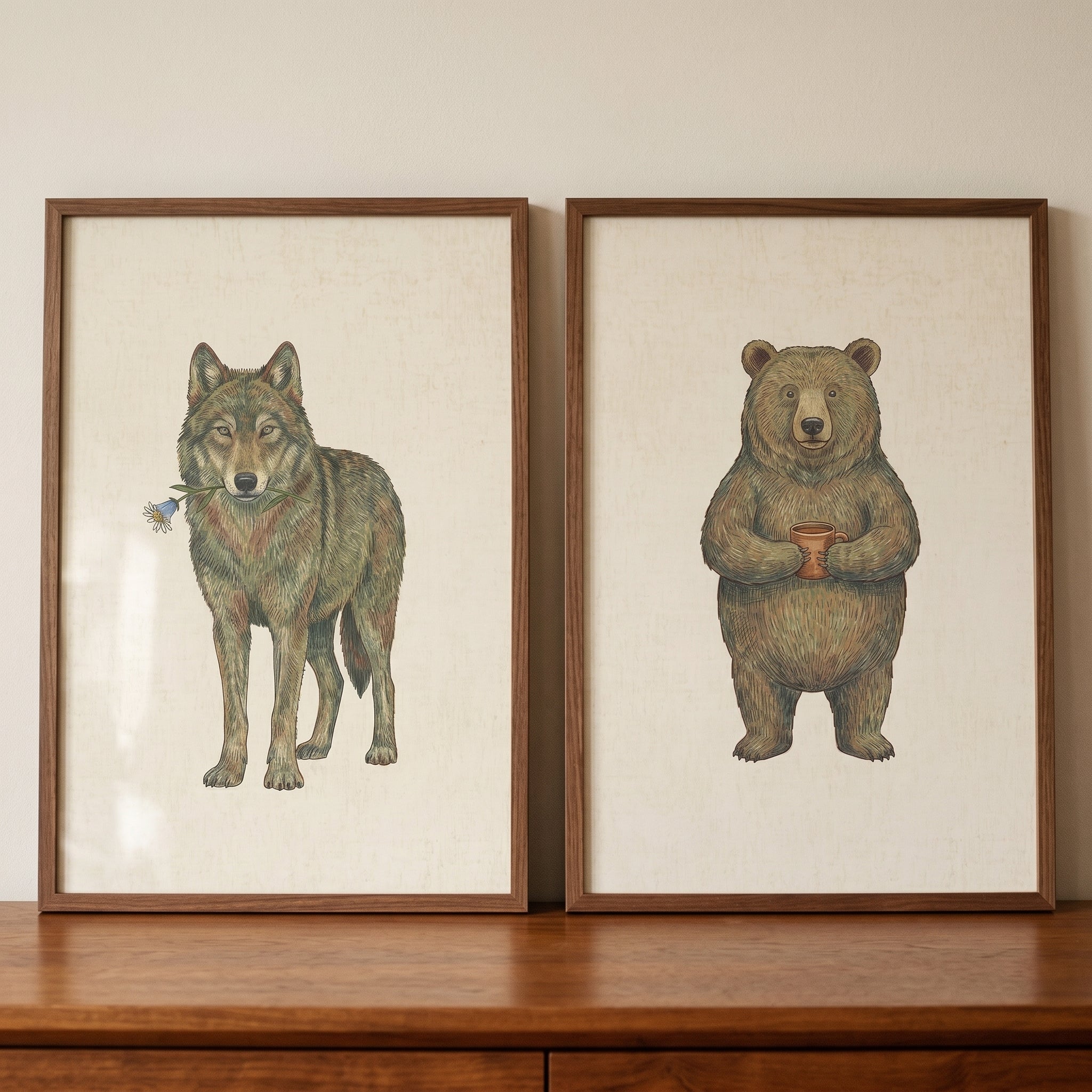Muted Cottagecore Woodland Animals Wall Art Set of 2 - Gentle Forest Souls