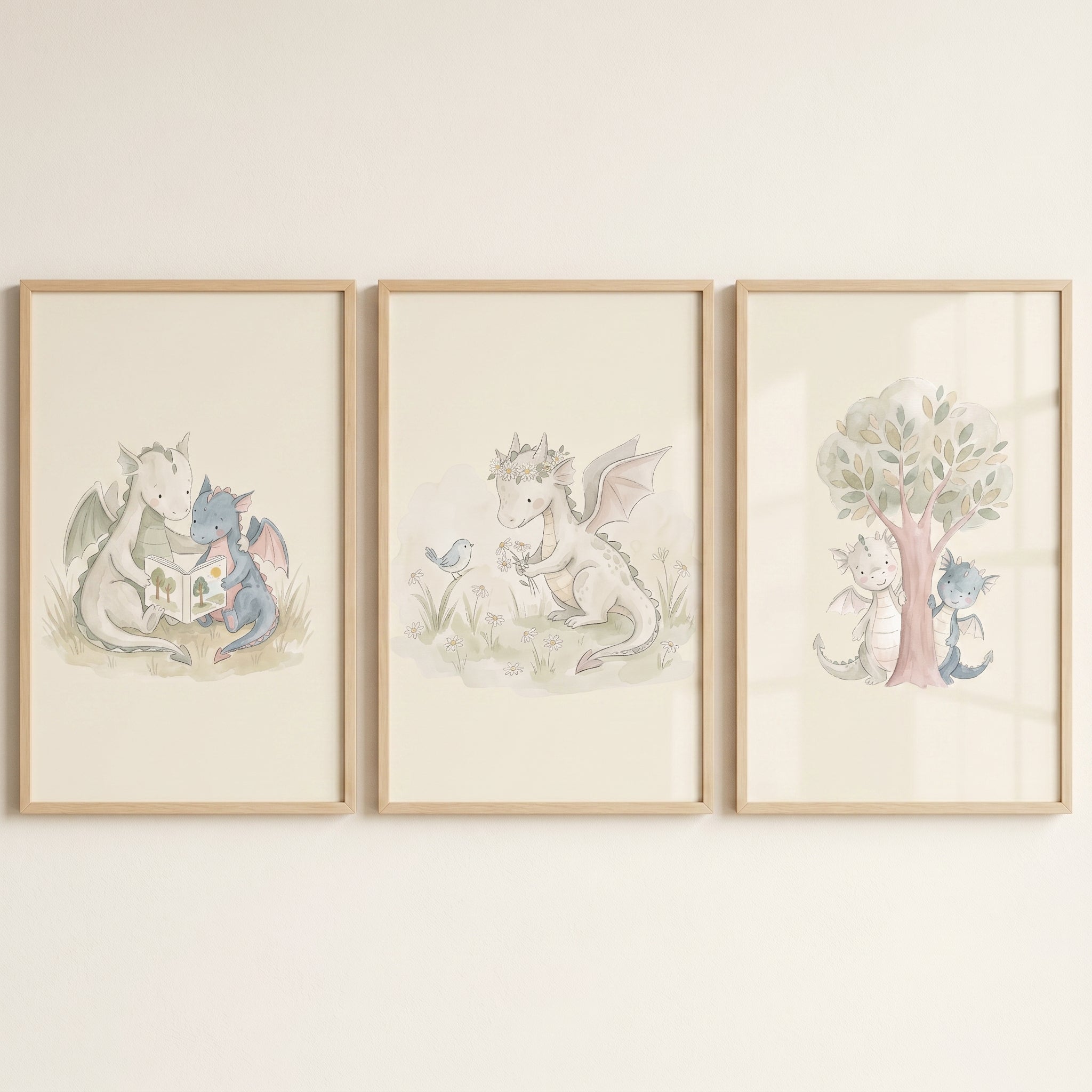 Muted Cream Baby Dragons Wall Art Set of 3 - Little Dragon Trio