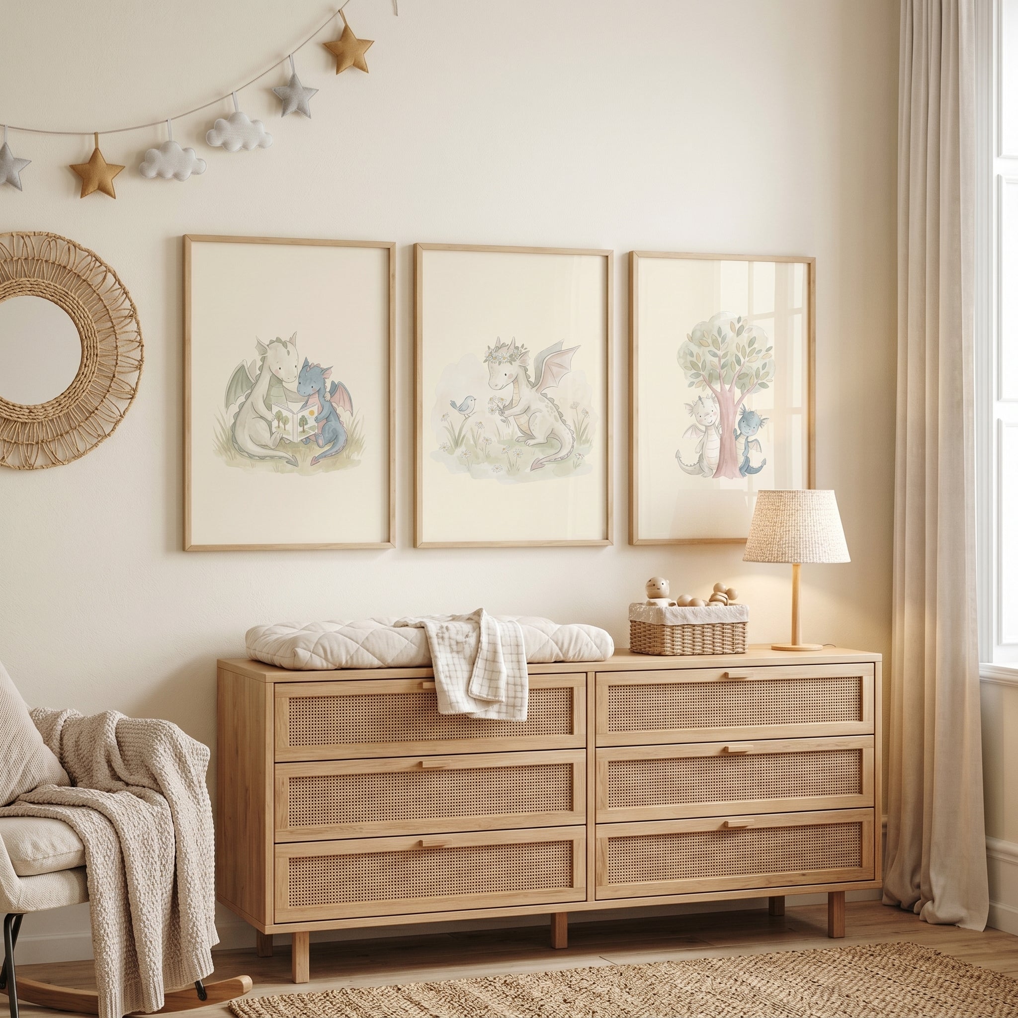 Muted Cream Baby Dragons Wall Art Set of 3 - Little Dragon Trio