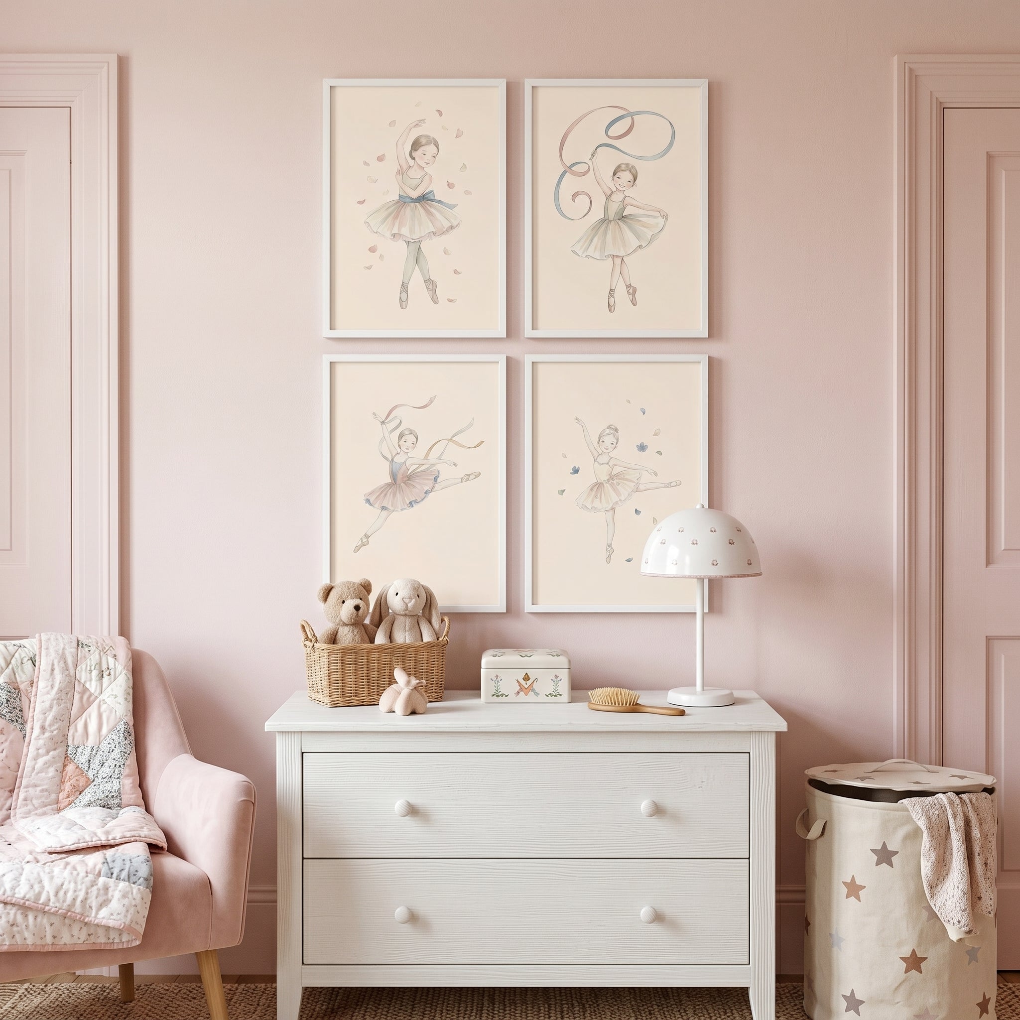 Muted Cream Tutu Ballerina Wall Art Set Of 4 - Graceful Ribbon Dancers