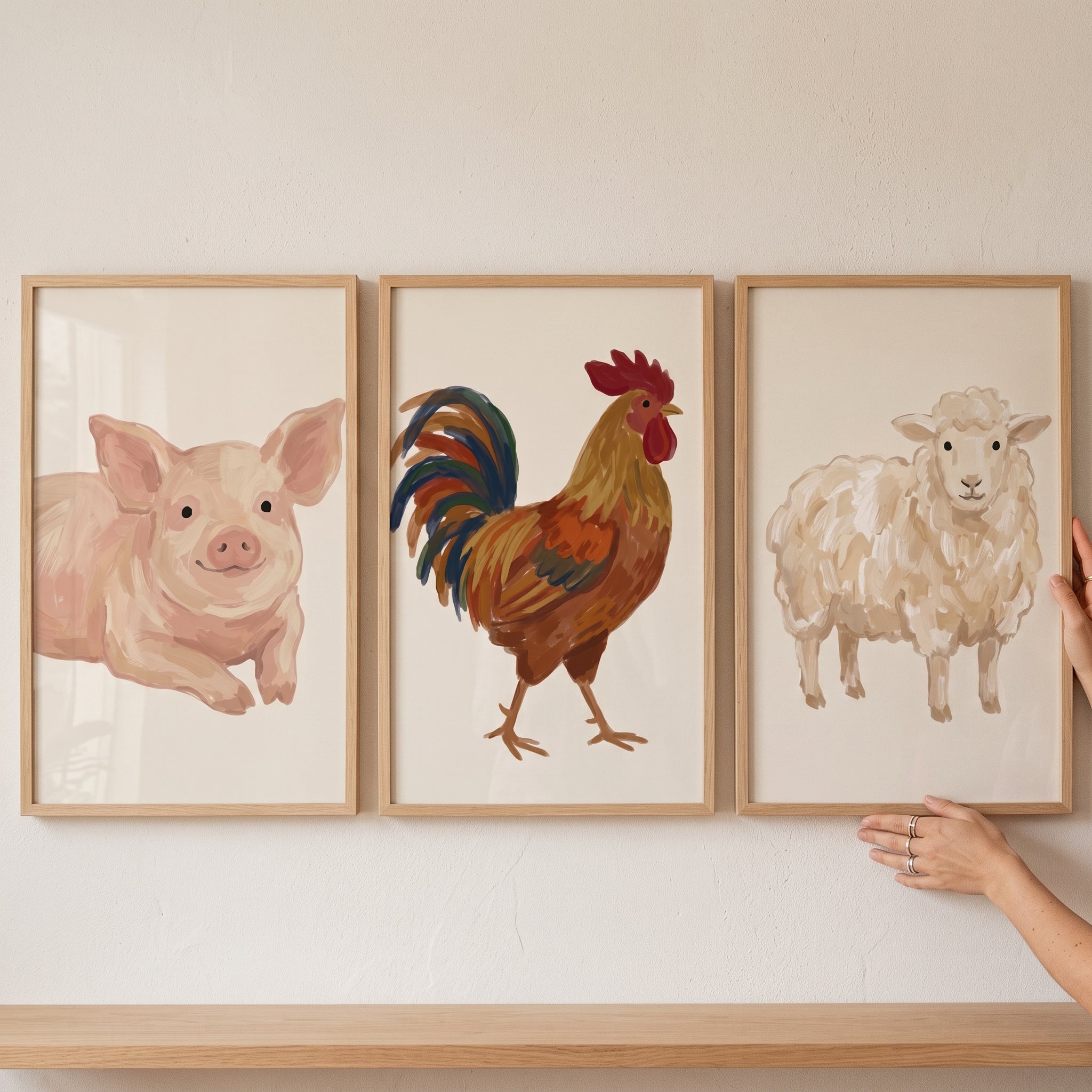 Muted Earth Farm Animals Wall Art Set of 3 - Gentle Country Animals