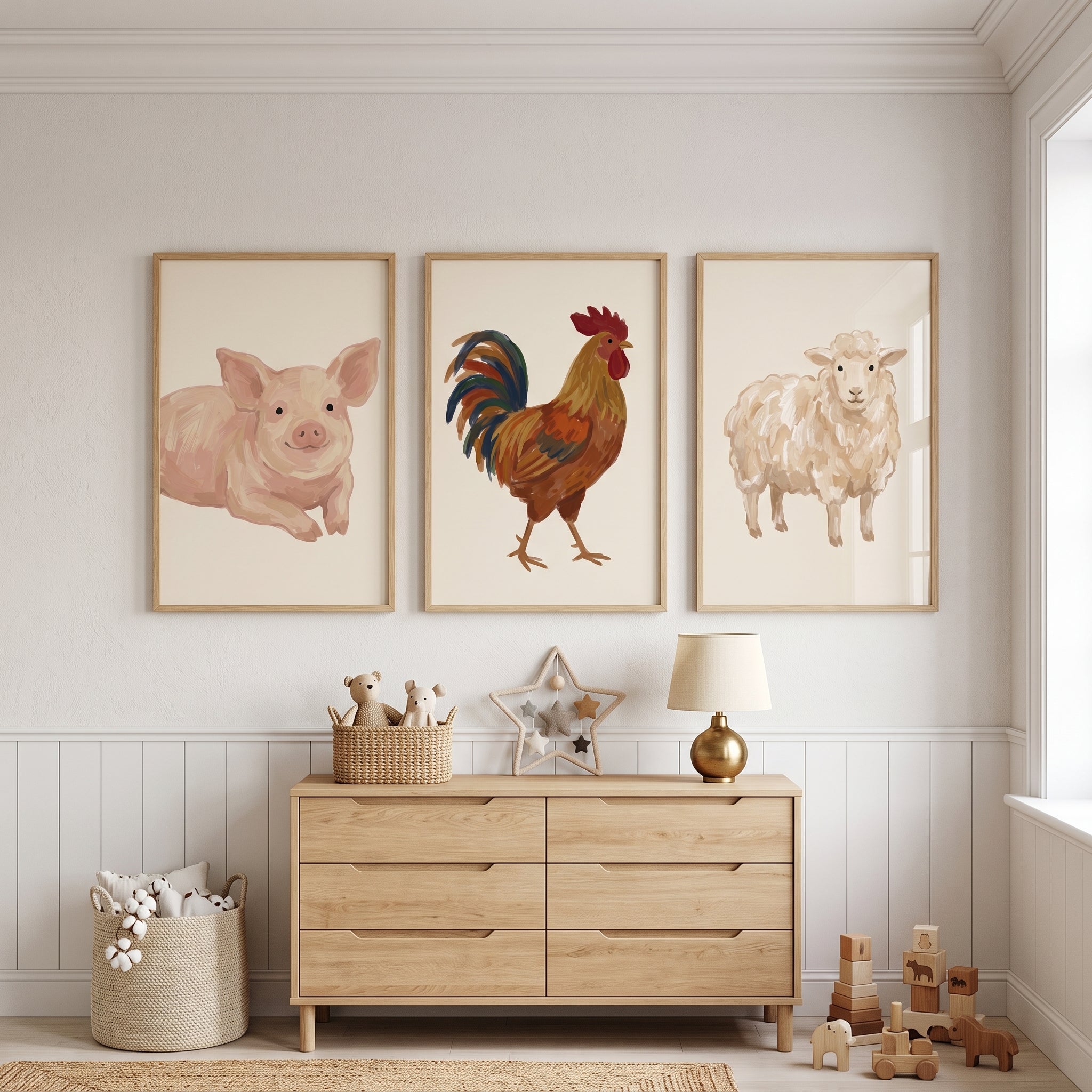 Muted Earth Farm Animals Wall Art Set of 3 - Gentle Country Animals