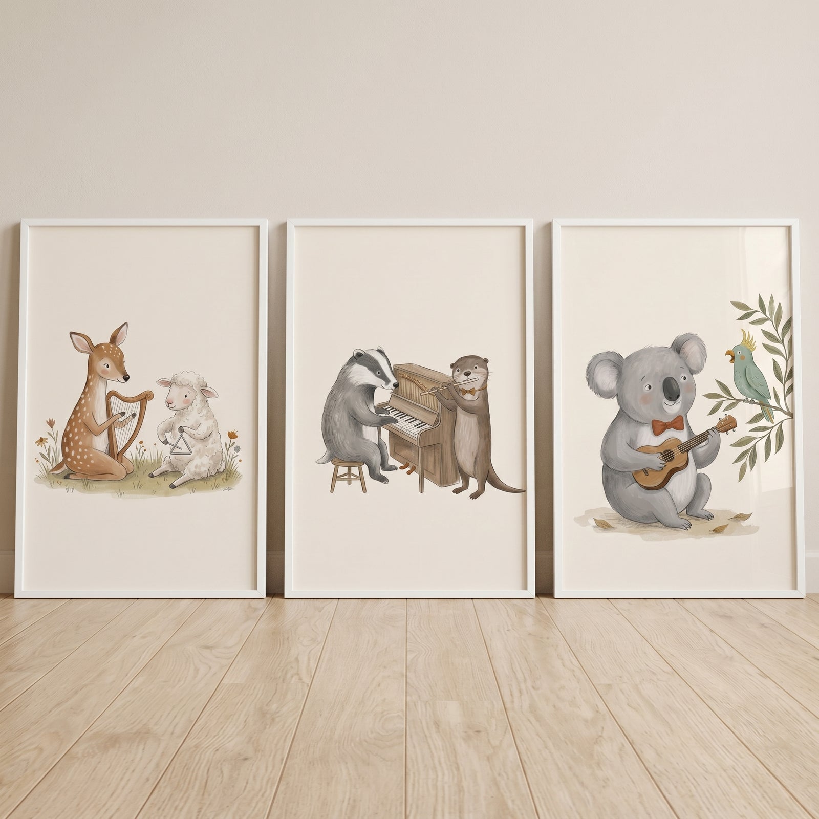 Muted earth tone animal band artwork set of 3 featuring framed illustrations of animals playing musical instruments.