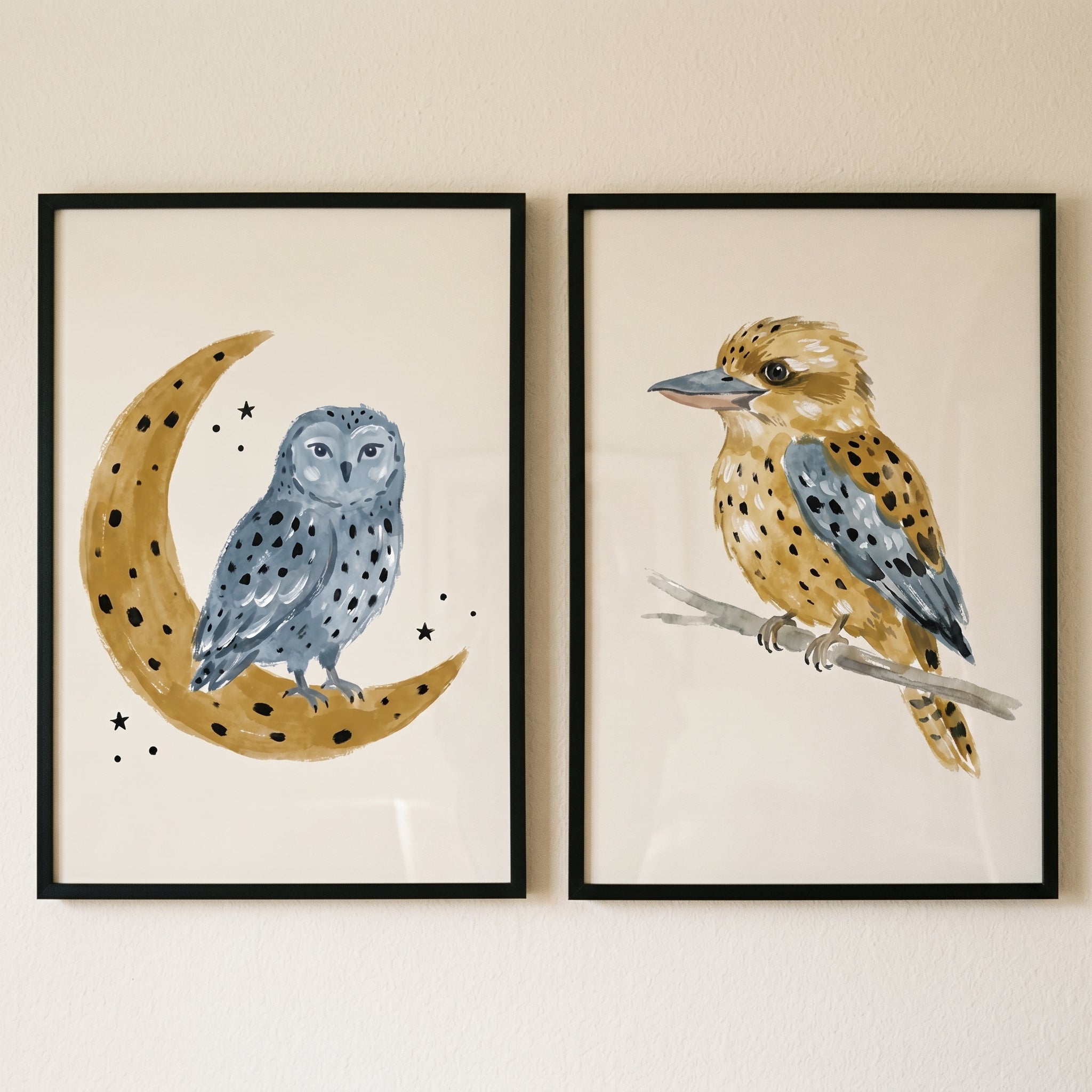 Muted Earth Tone Birds Wall Art Set of 2 - Whimsical Forest Duo