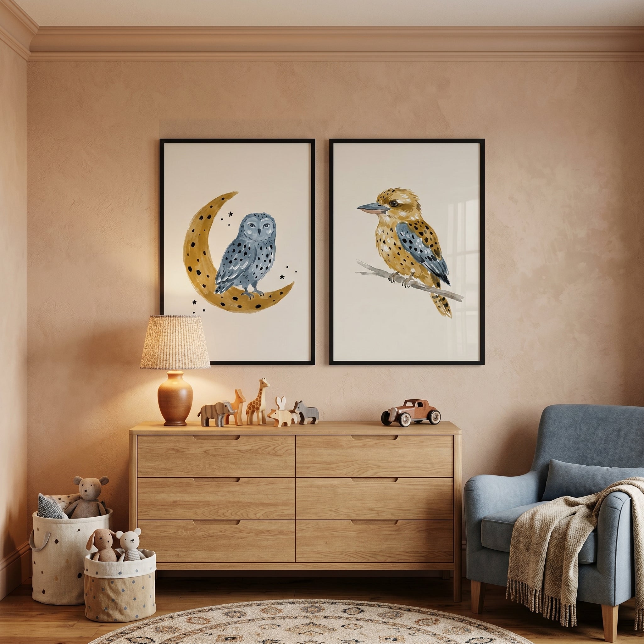 Muted Earth Tone Birds Wall Art Set of 2 - Whimsical Forest Duo