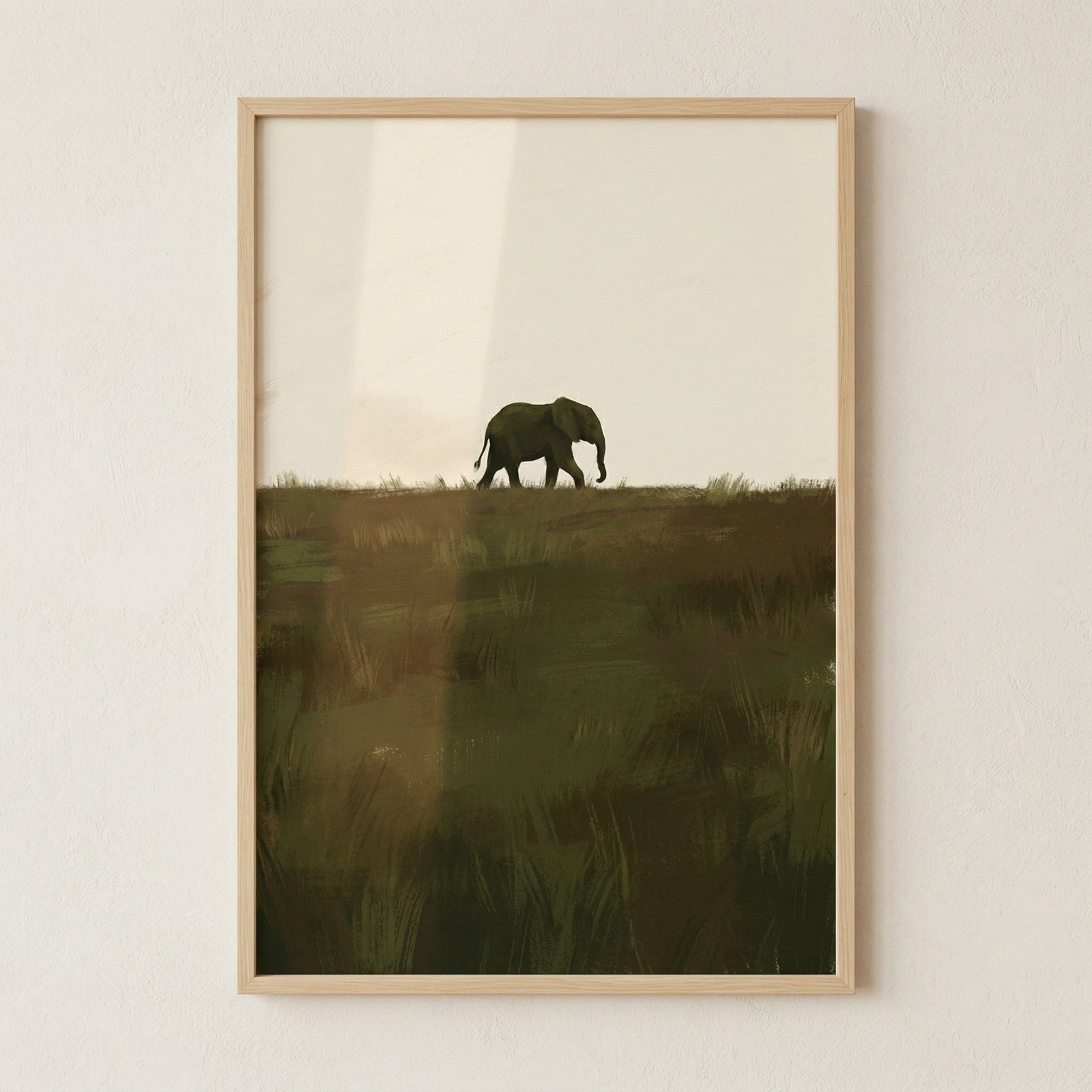 A minimalist digital illustration featuring a dark silhouette of an elephant walking across a distant horizon line. The sky above is a flat, pale off-white, creating a stark contrast. 