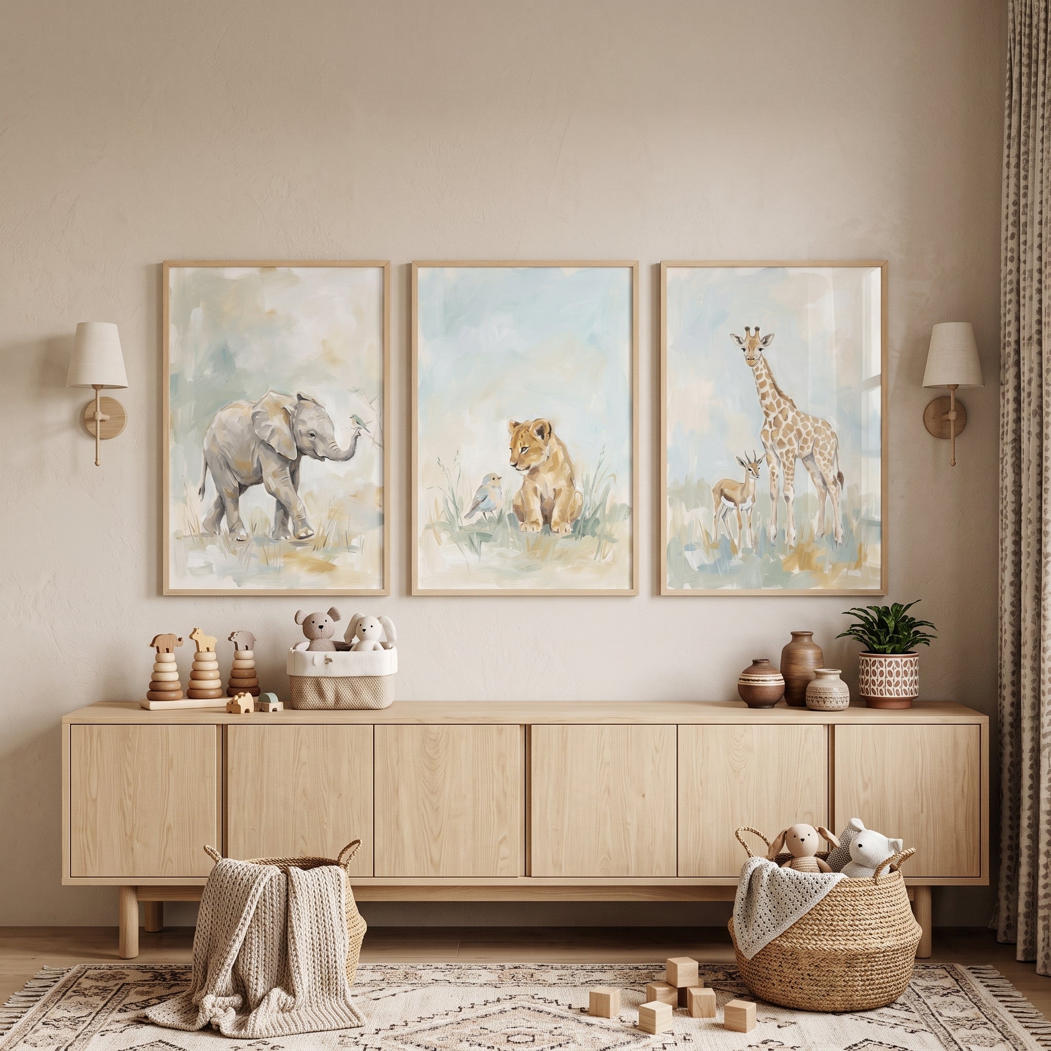 Muted Earth Tone Safari Animals Artwork Set Of 3 - Little Wild Wonders