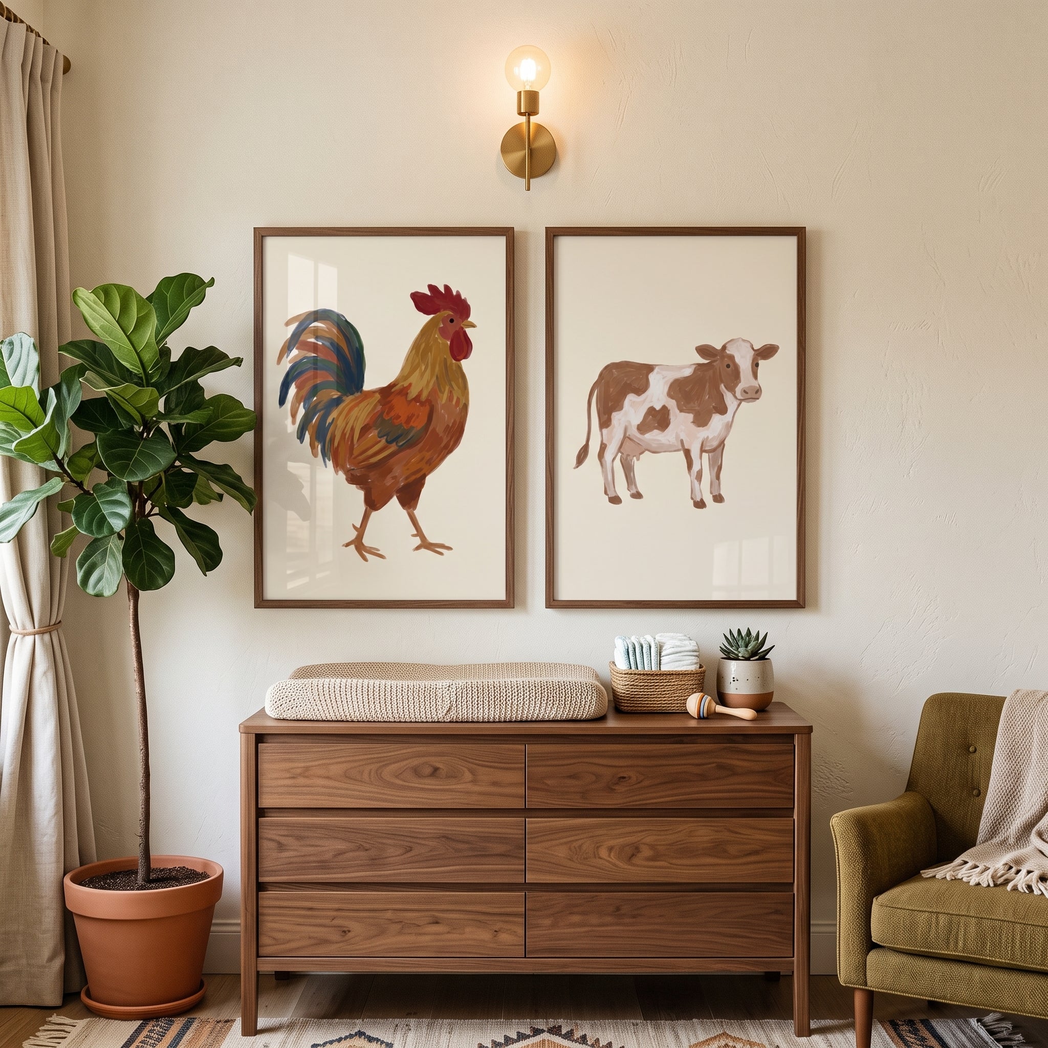 Muted Earthy Farm Animals Wall Art Set of 2 - Rustic Farmyard Duo