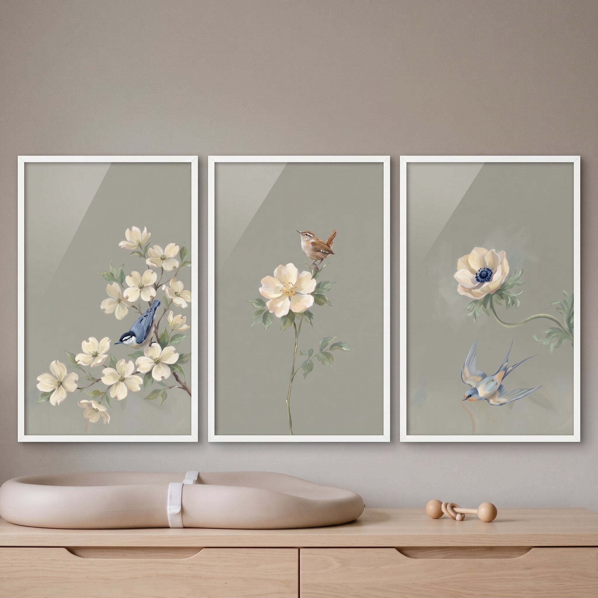 Muted Earthy Garden Bird Wall Art Set of 3 - Serene Garden Song