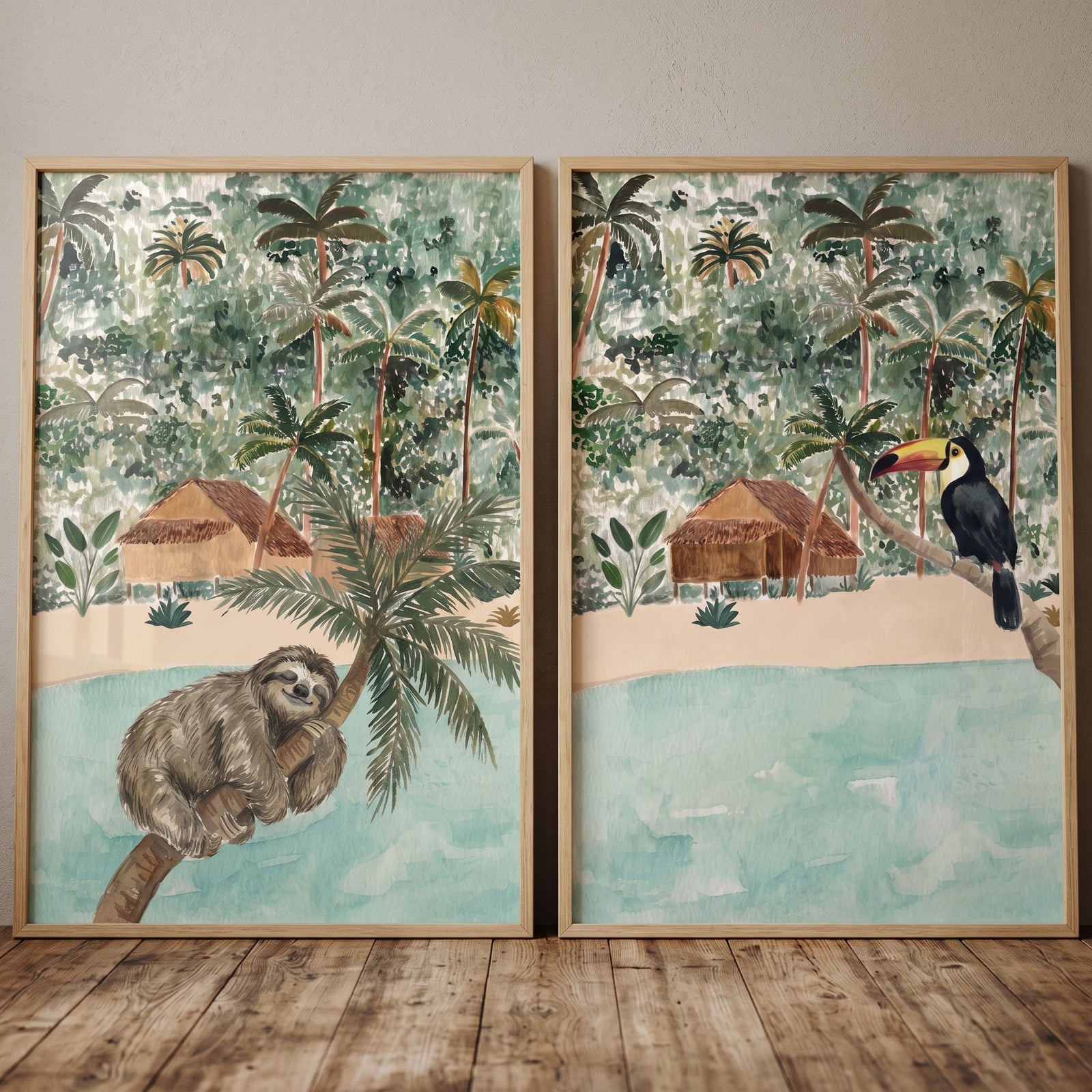 Sloth and toucan scenes in this muted earthy island animals wall art set of 2 with tropical beach and hut backdrops.
