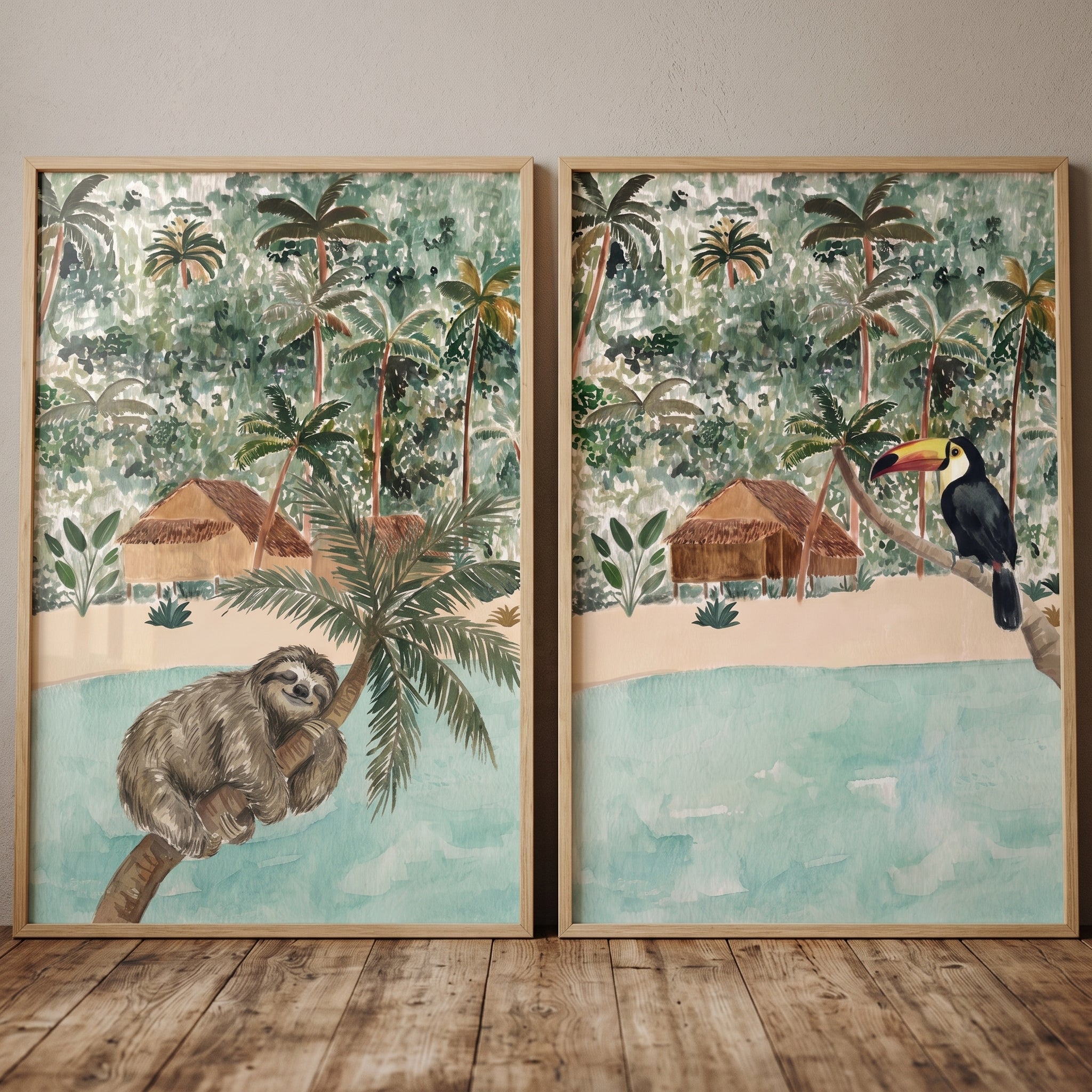 Muted Earthy Island Animals Wall Art Set of 2 - Rainforest Friends Duo