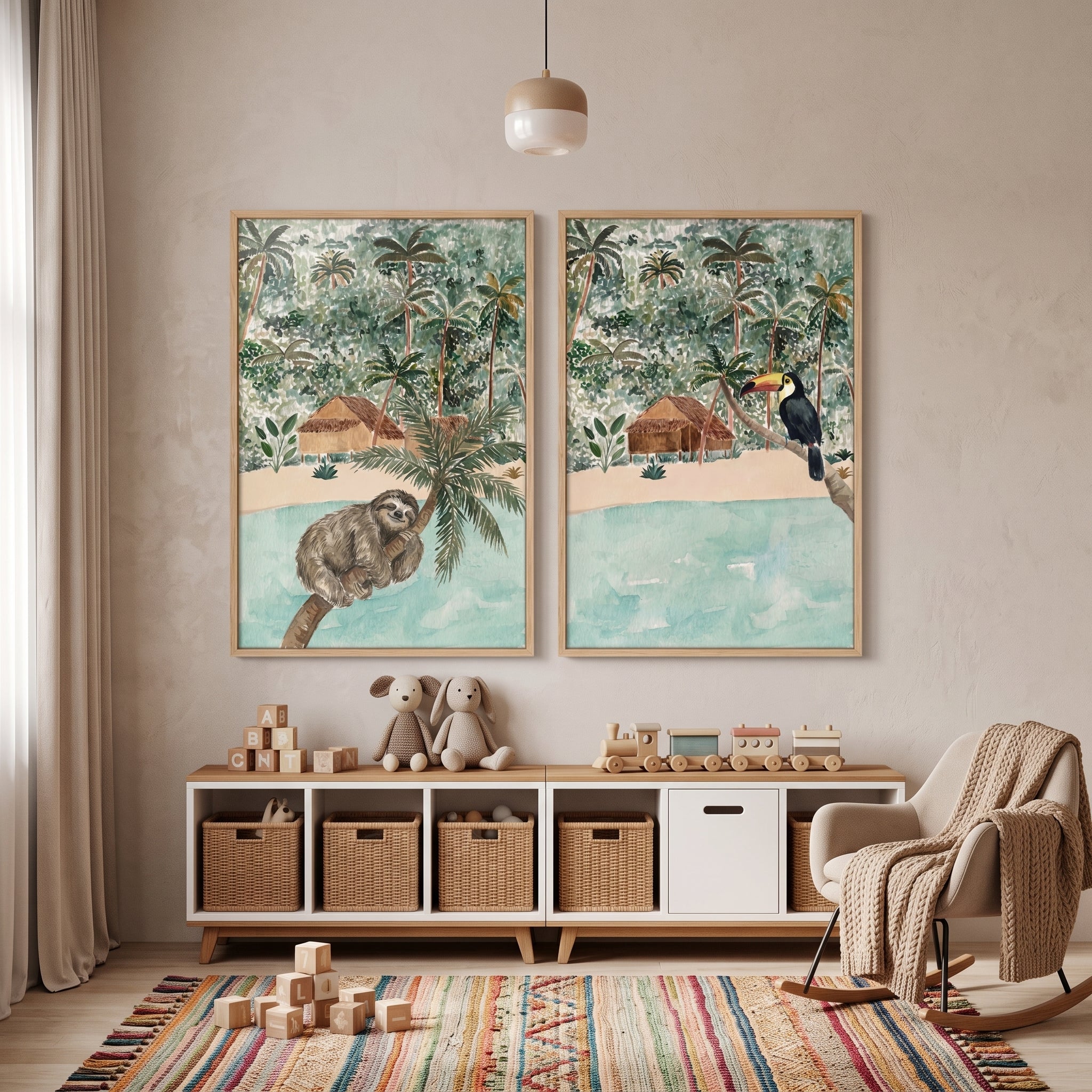 Muted Earthy Island Animals Wall Art Set of 2 - Rainforest Friends Duo
