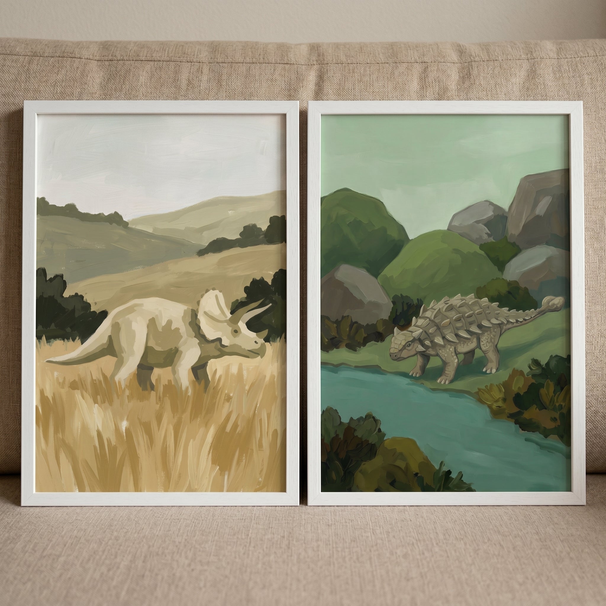 Muted Earthy Landscape Dinosaur Wall Art Set of 2 - Prehistoric Giants Duo