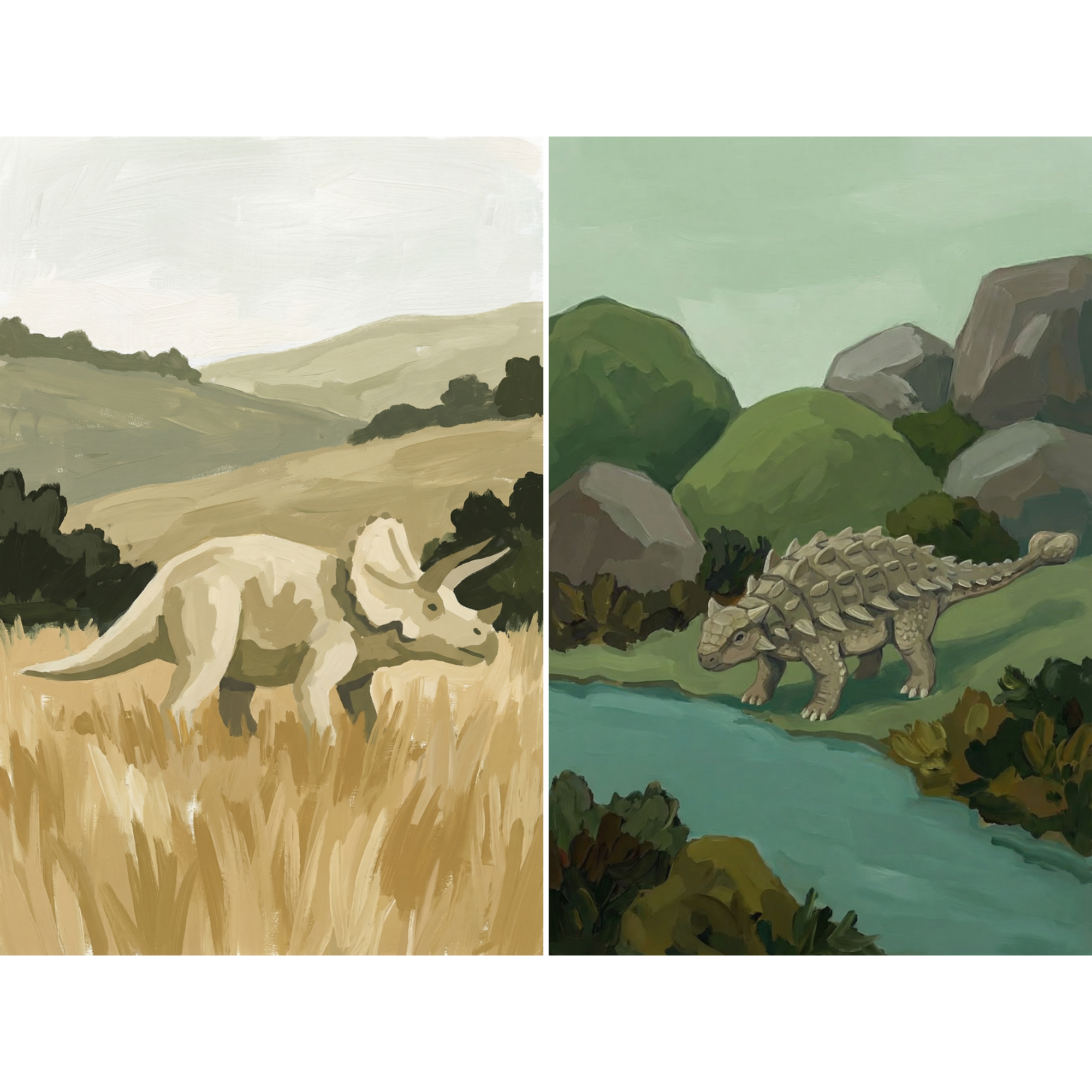 Muted Earthy Landscape Dinosaur Wall Art Set of 2 - Prehistoric Giants Duo