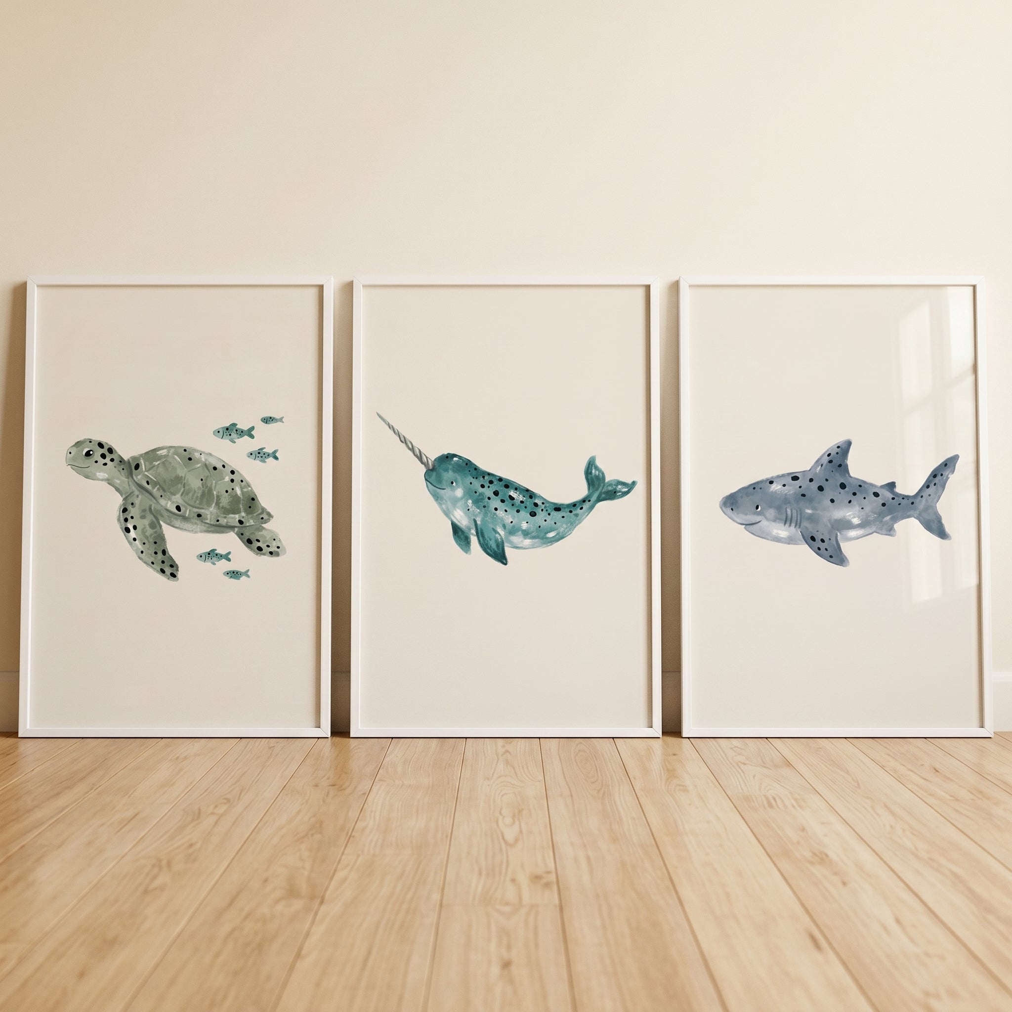 Muted Earthy Marine Life Artwork Set of 3 - Ocean Life Trio