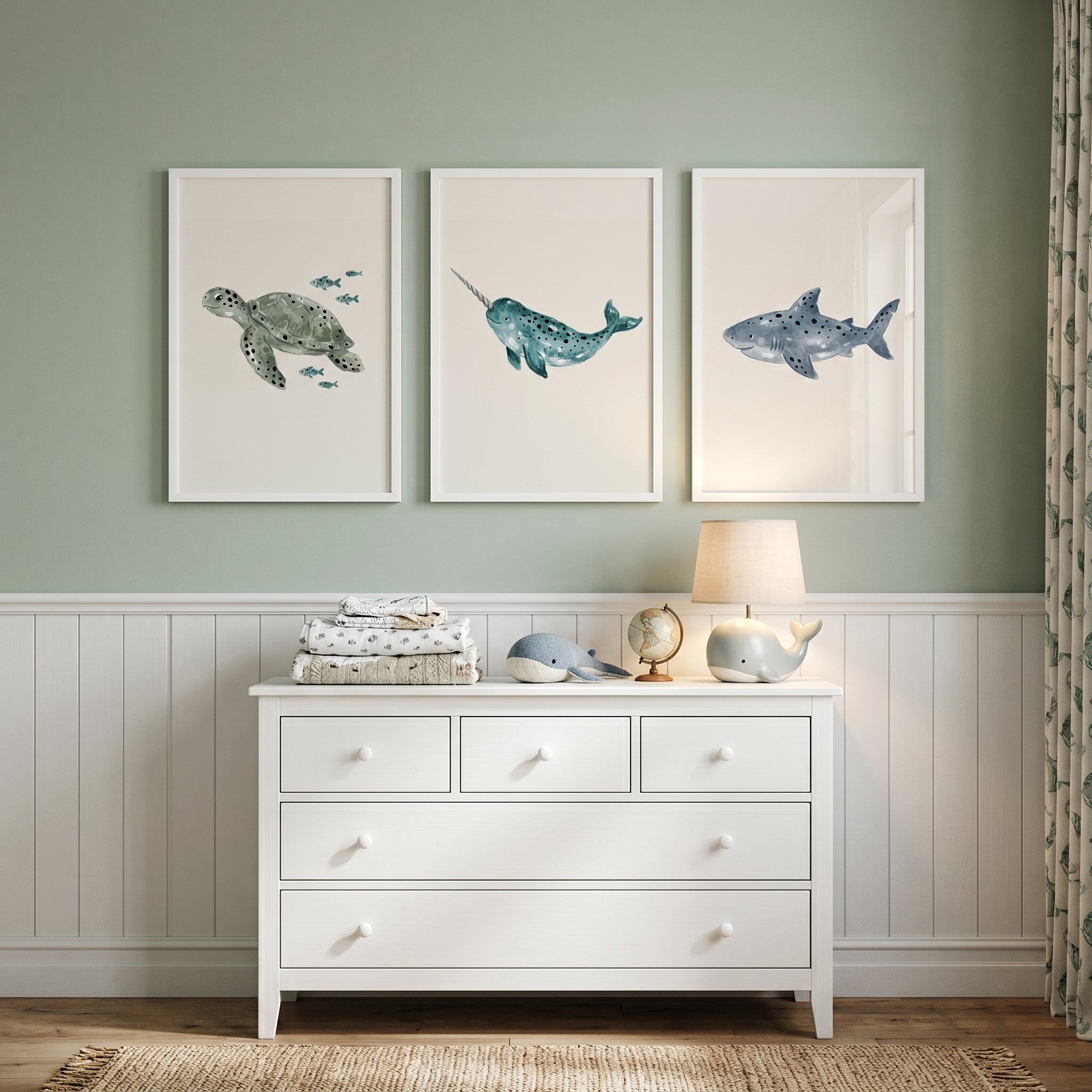 Muted Earthy Marine Life Artwork Set of 3 - Ocean Life Trio
