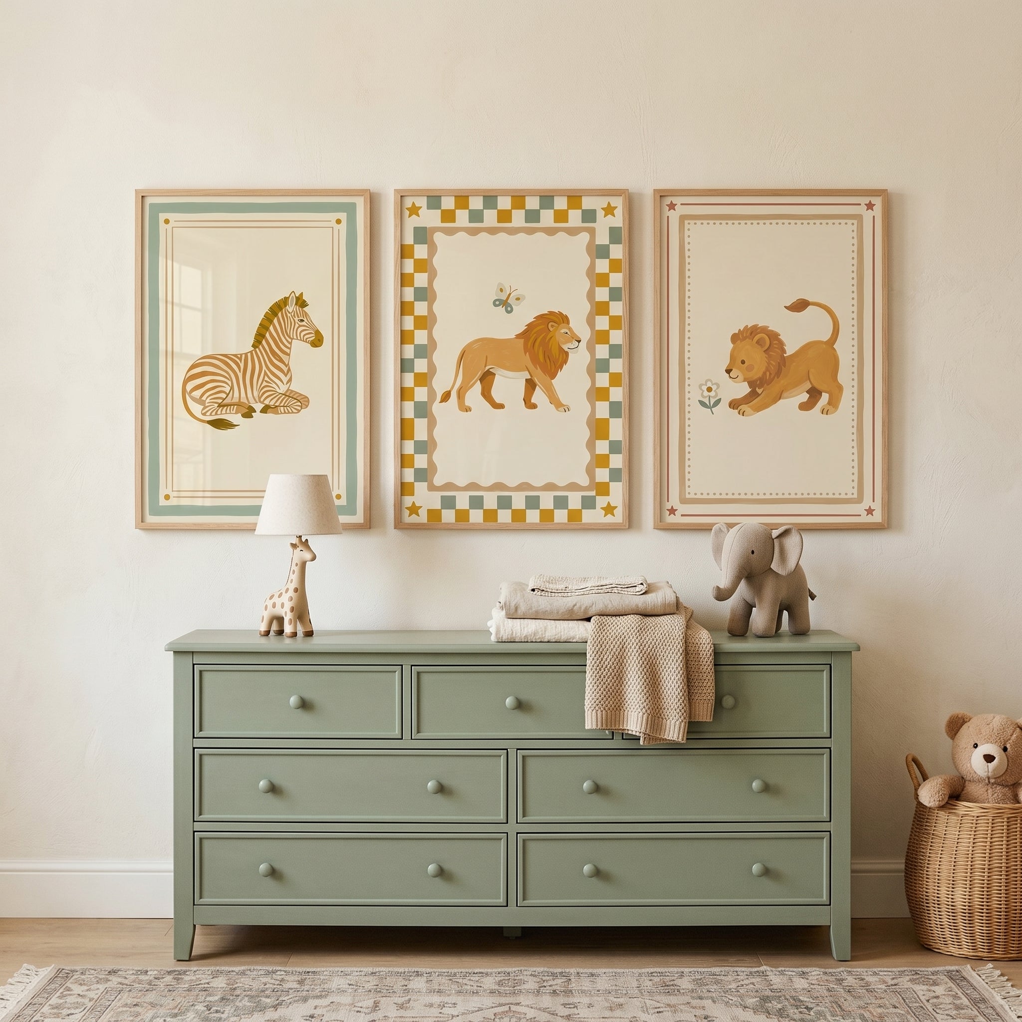Muted Earthy Savanna Animal Wall Art Set of 3 - Vintage Safari Nursery
