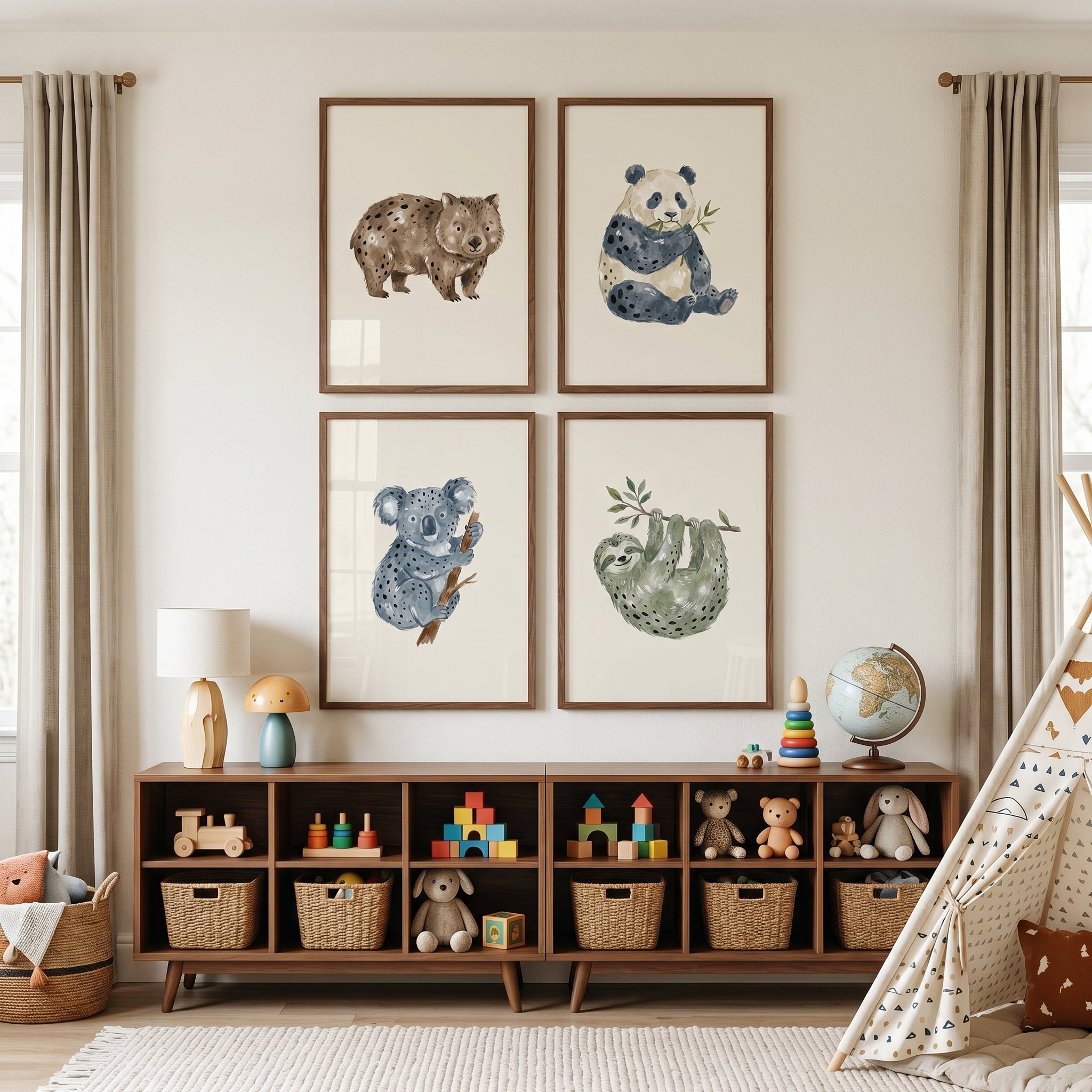 Muted Earthy Watercolor Animals Wall Art Set of 4 - Spotted Animal Friends