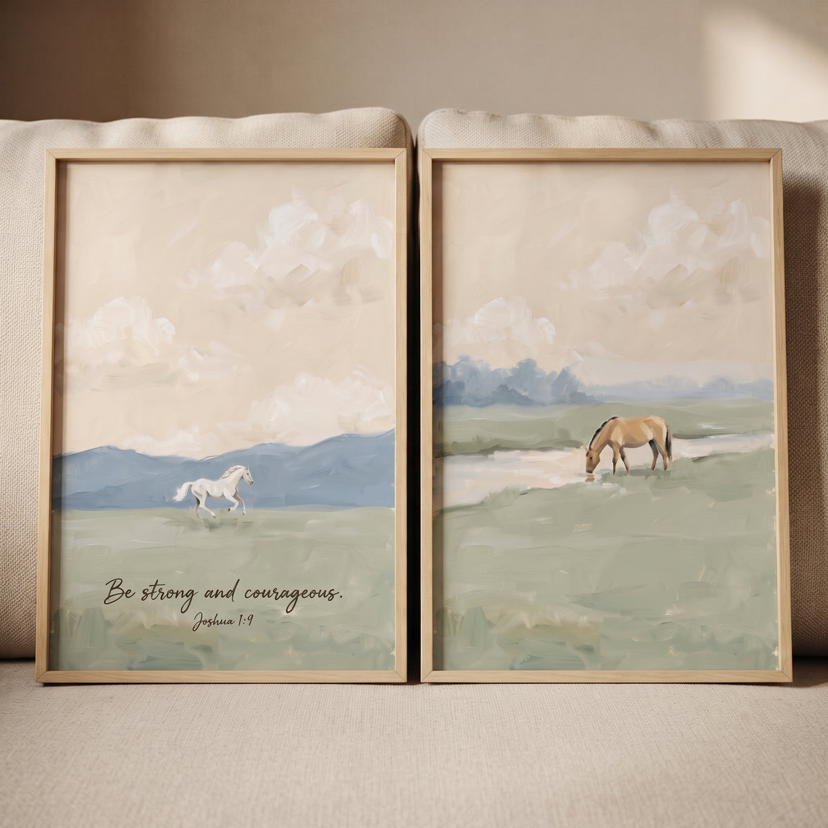 Muted equestrian field horse wall art set of 2 featuring a white running horse, a grazing horse, and a scripture verse.