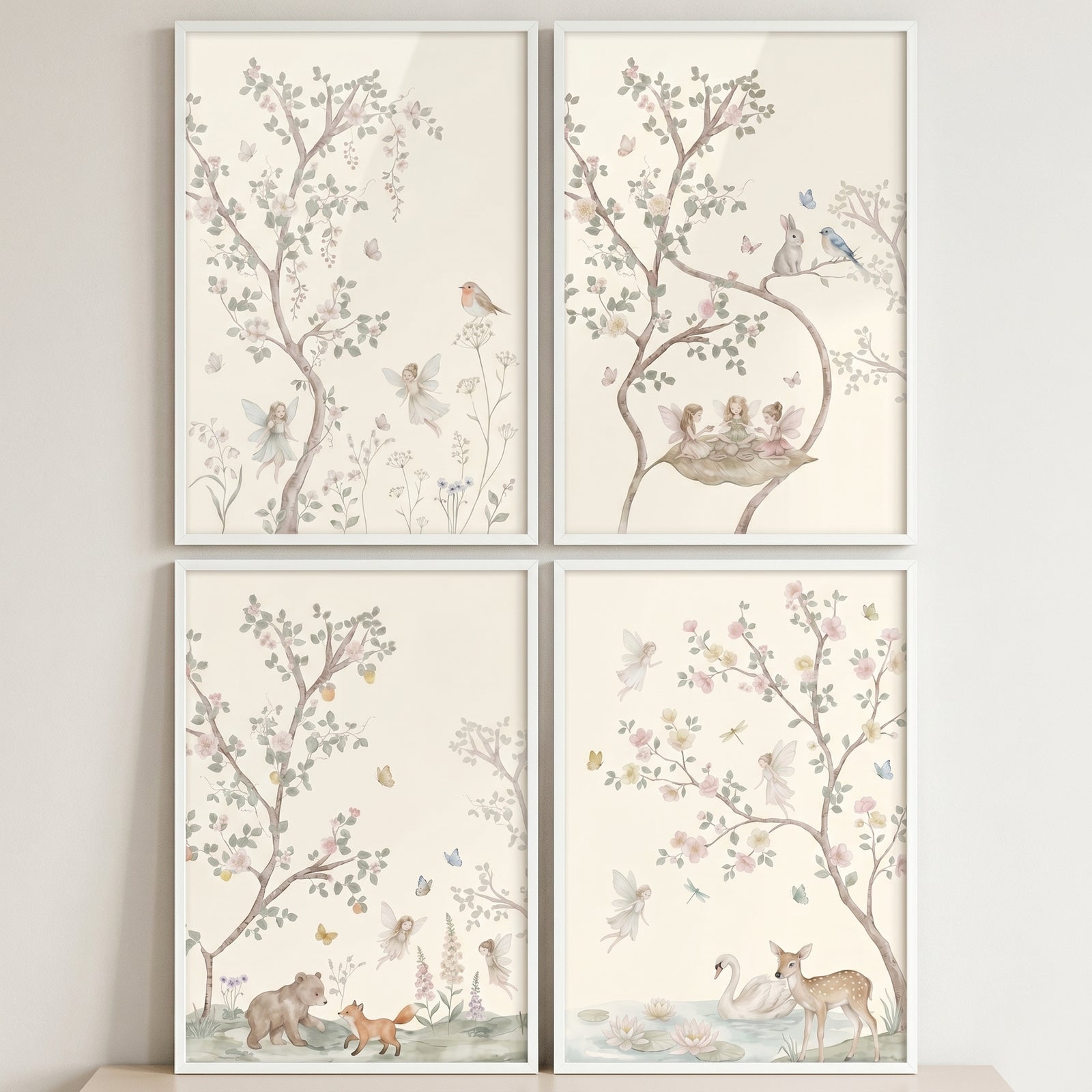 Muted floral botanical fairies wall art set of 4 featuring a deer, swan, bear, and fox in a whimsical forest.