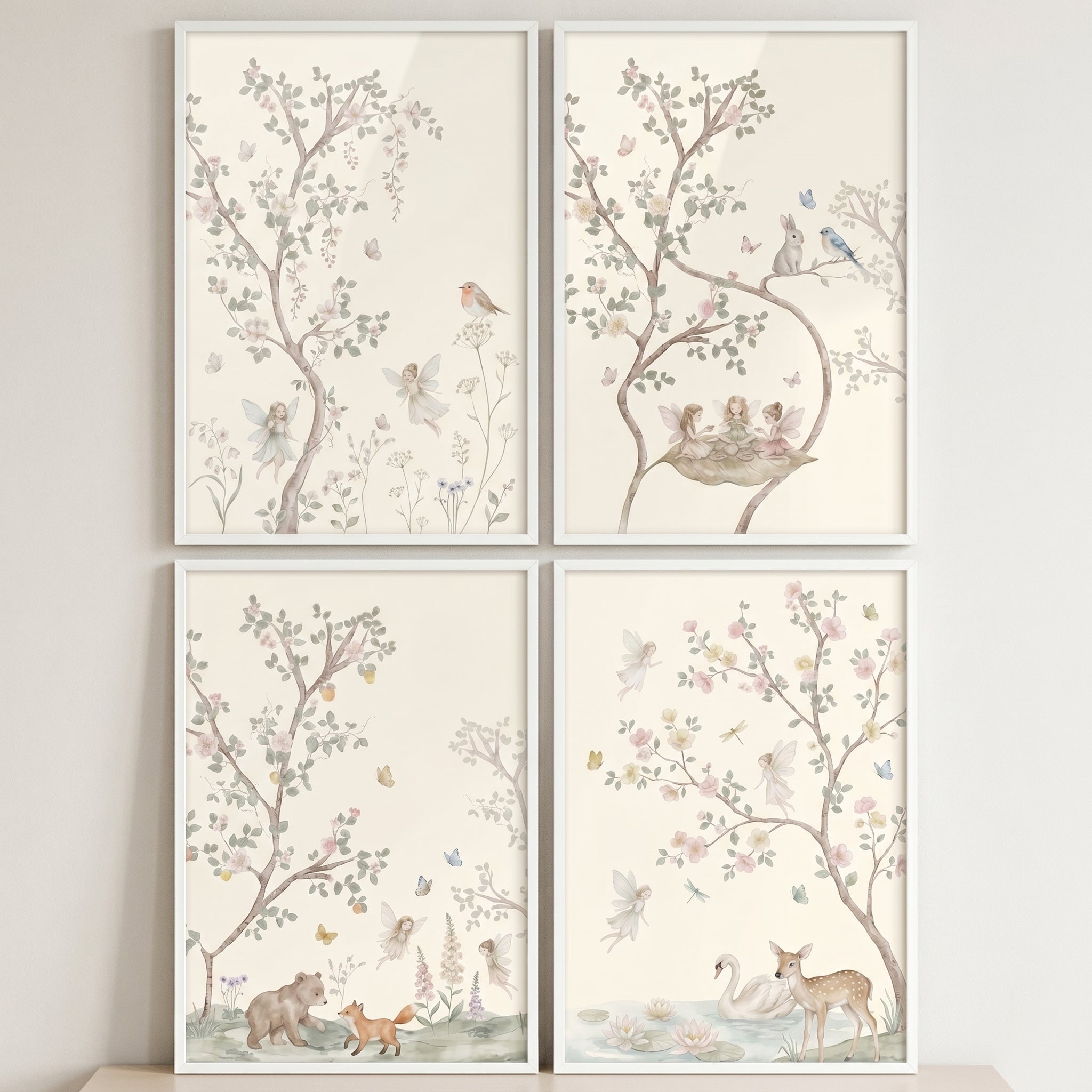Muted Floral Botanical Fairies Wall Art Set of 4 - Pastel Woodland Dreams