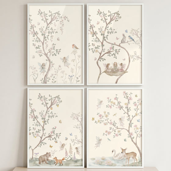 Muted floral botanical fairies wall art set of 4 featuring a deer, swan, bear, and fox in a whimsical forest.
