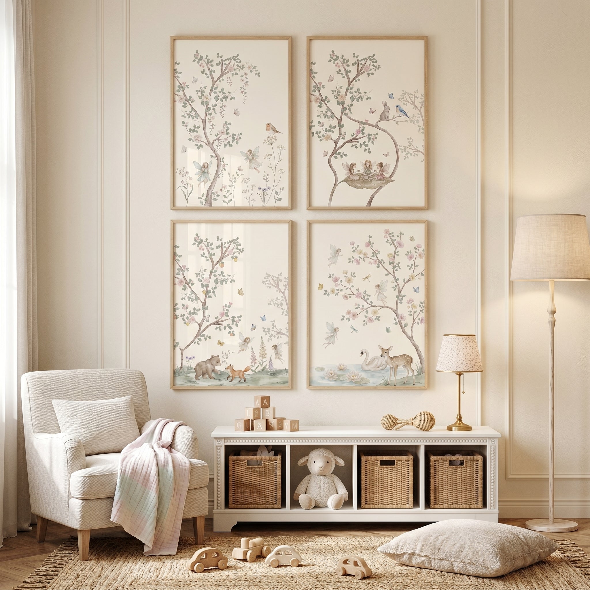 Muted Floral Botanical Fairies Wall Art Set of 4 - Pastel Woodland Dreams