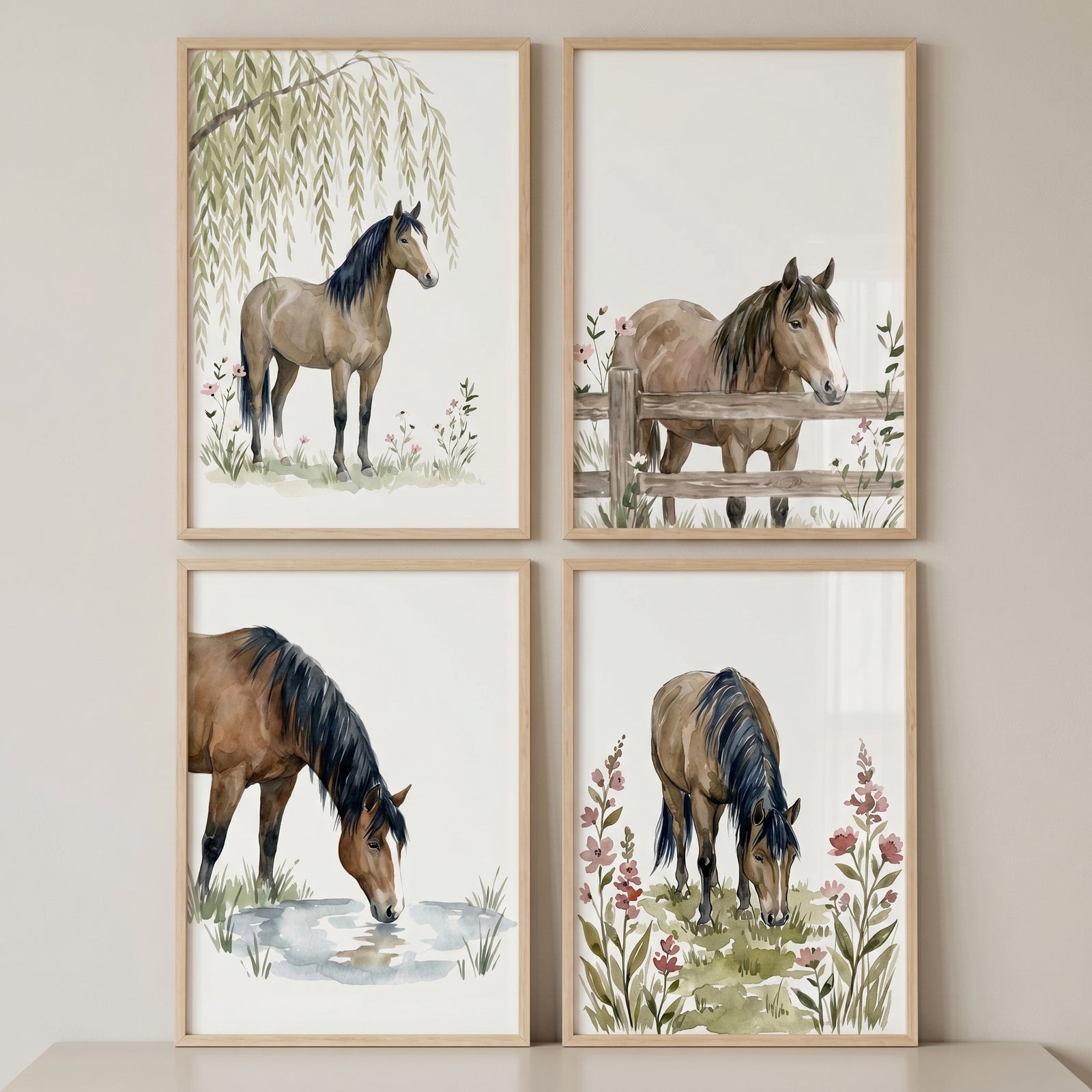 Muted floral horse wall art set of 4 depicts horses drinking, grazing, and standing by a fence in soft earth tones.