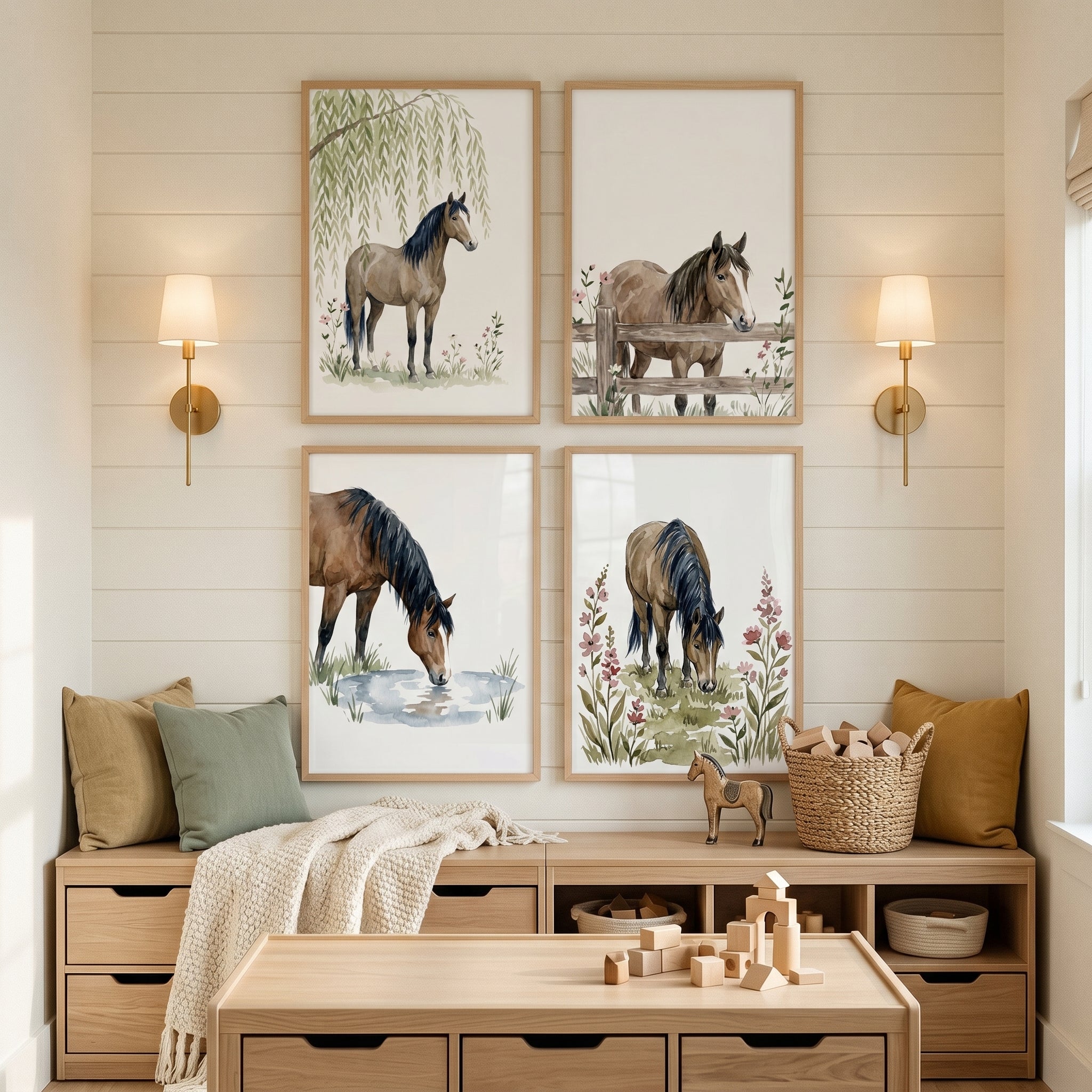 Muted Floral Horse Wall Art Set of 4 - Rustic Equine Art