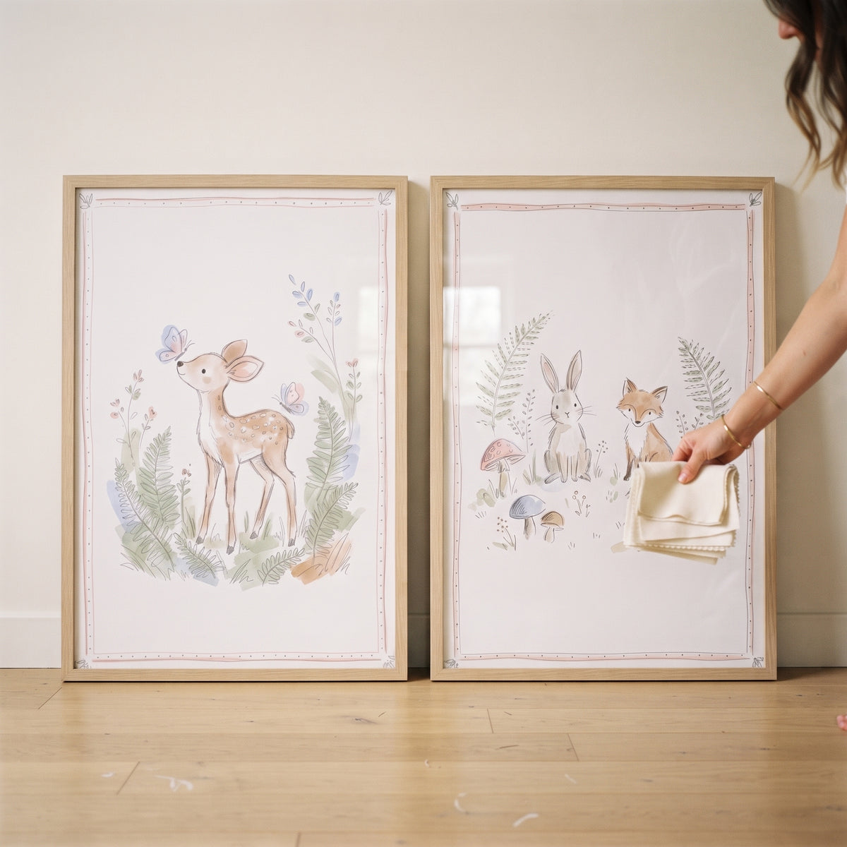 A hand holds a cloth near a muted foliage forest creature wall art set of 2 with deer, bunny, and fox prints.