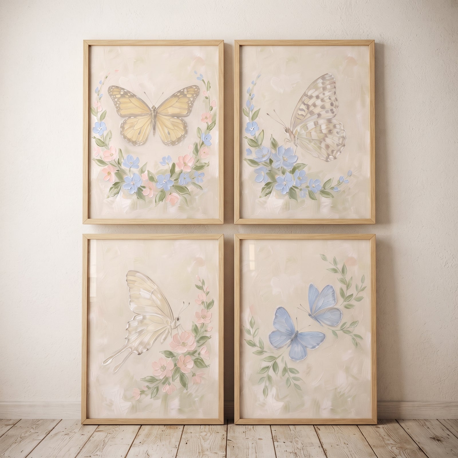 Muted garden pastel butterfly wall art set of 4 featuring soft pink and blue florals in wood frames.