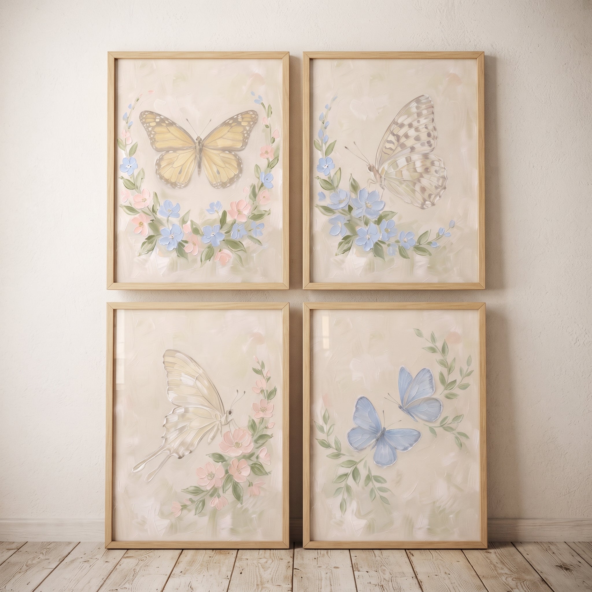 Muted Garden Pastel Butterfly Wall Art Set of 4 - Ethereal Winged Flora