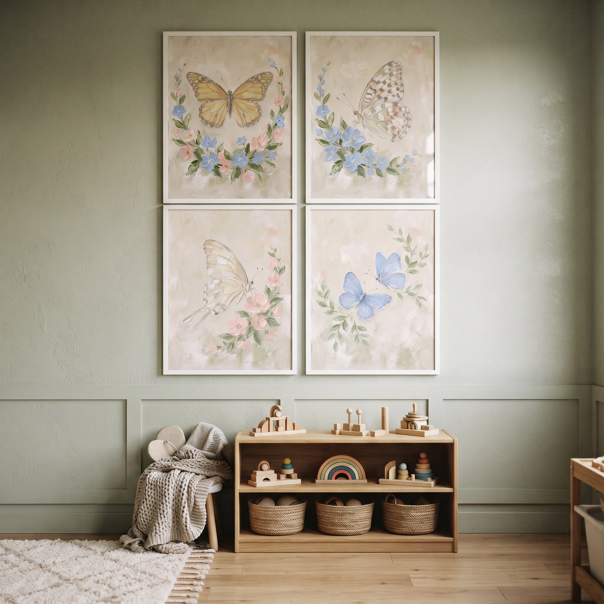 Muted Garden Pastel Butterfly Wall Art Set of 4 - Ethereal Winged Flora