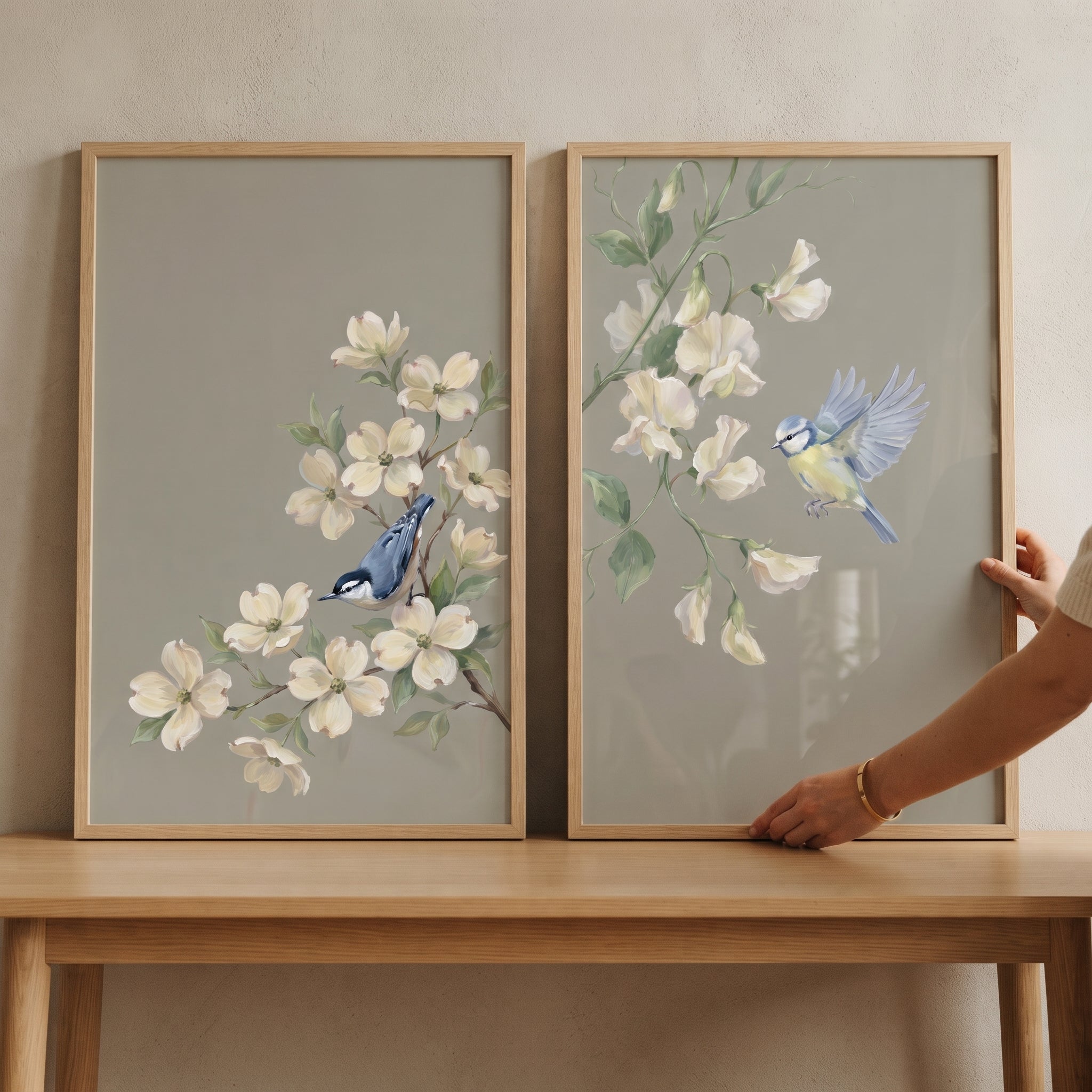 Muted Green Branch Bird Wall Art Set of 2 - Floral Flight