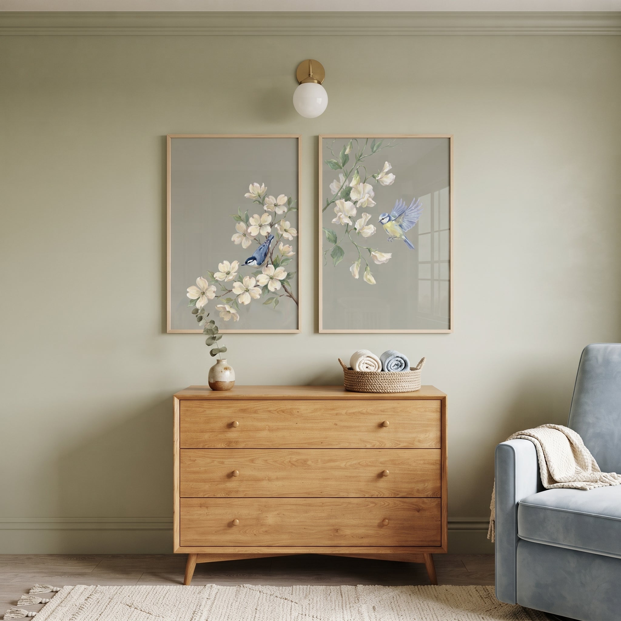 Muted Green Branch Bird Wall Art Set of 2 - Floral Flight