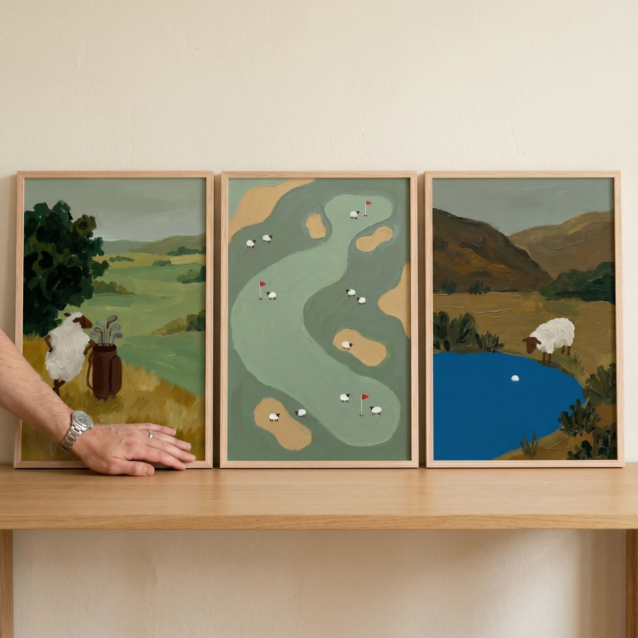 Muted Green Golfing Sheep Wall Art Set of 3 - Sheepish Links