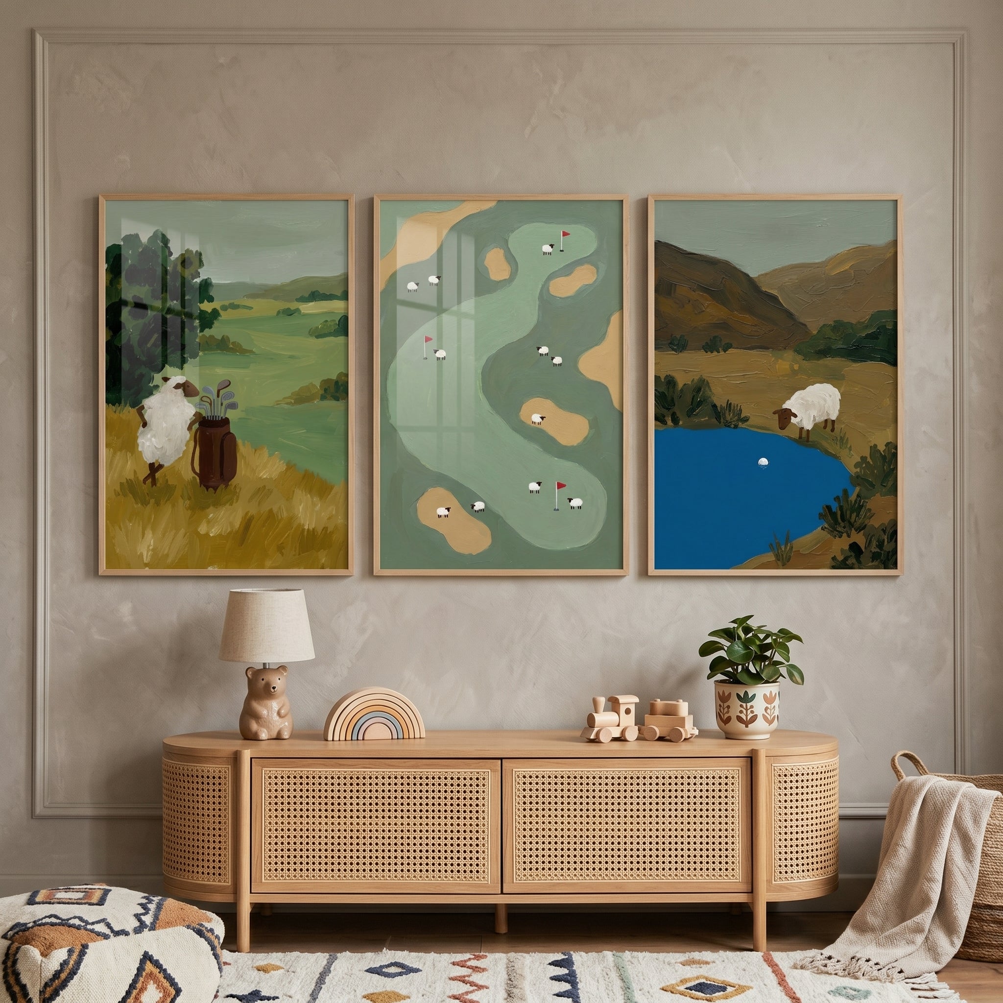 Muted Green Golfing Sheep Wall Art Set of 3 - Sheepish Links