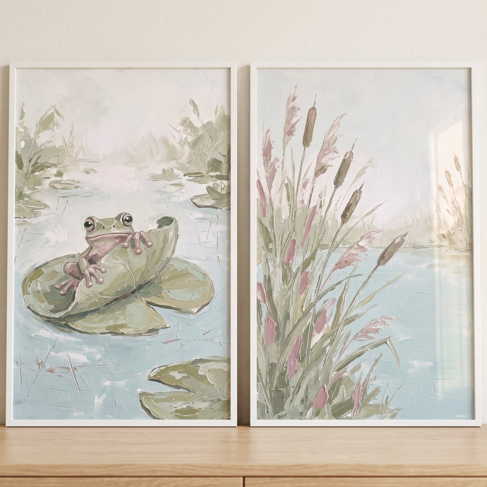 Muted Green Pond Wall Art Set Of 2 - Gentle Marsh Morning
