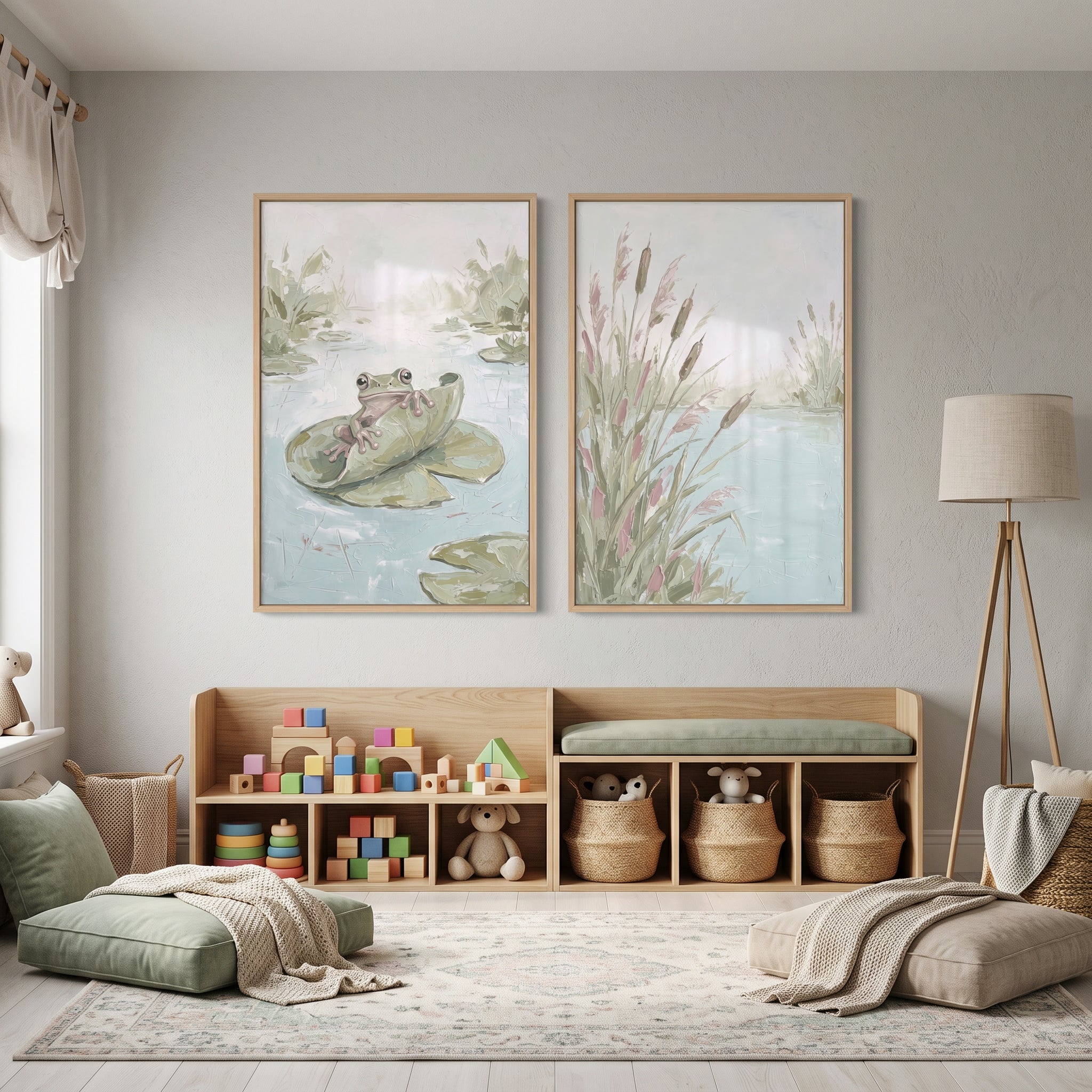 Muted Green Pond Wall Art Set Of 2 - Gentle Marsh Morning