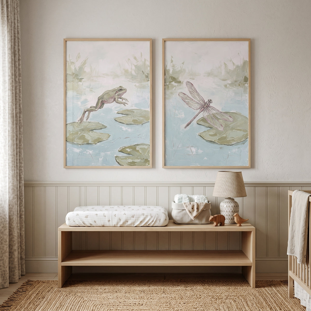 Muted Impasto Style Pond Animals Wall Art Set of 2 - Leaping Lily Pads