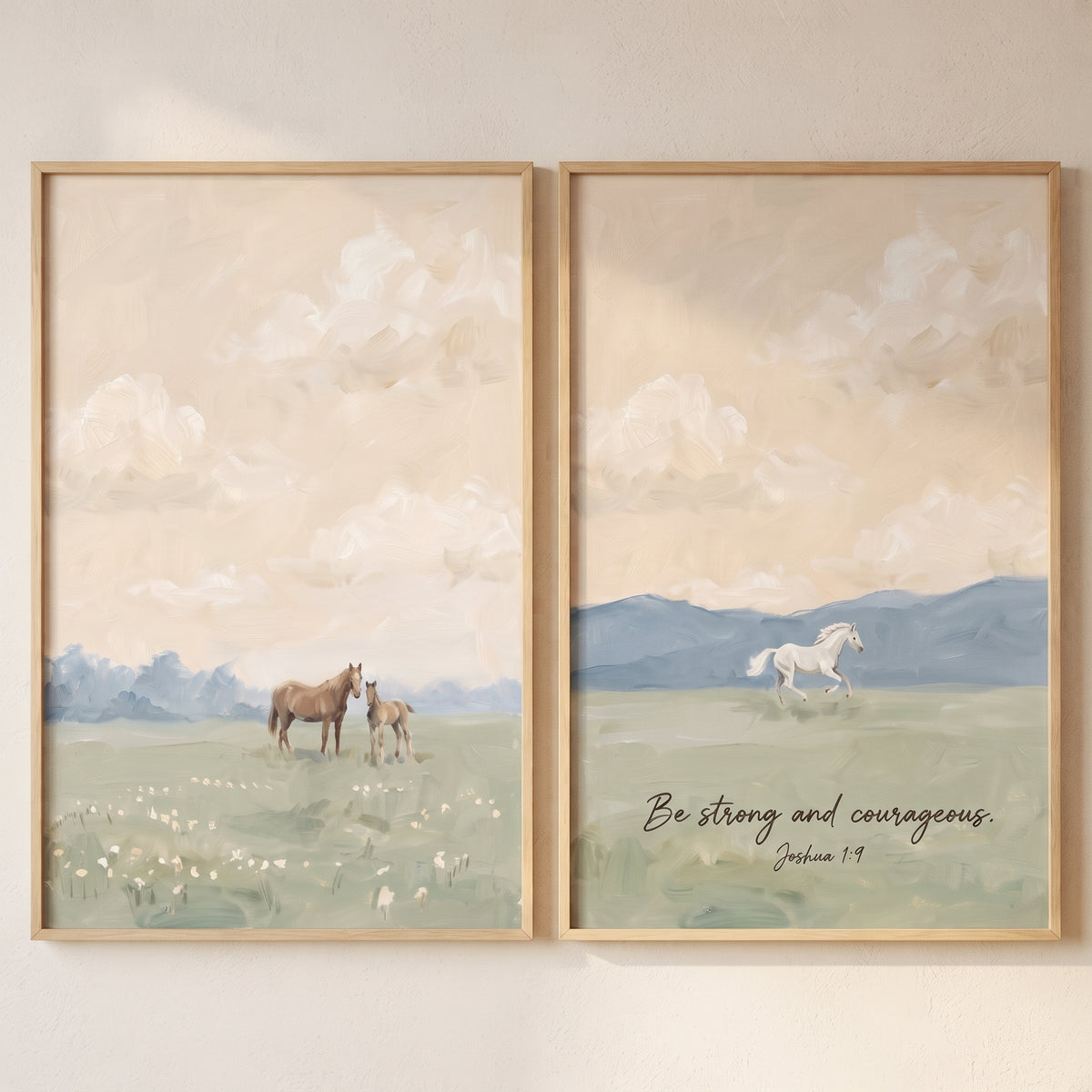 Muted impressionist landscape horse wall art set of 2 with brown and white horses and a biblical verse in wooden frames.